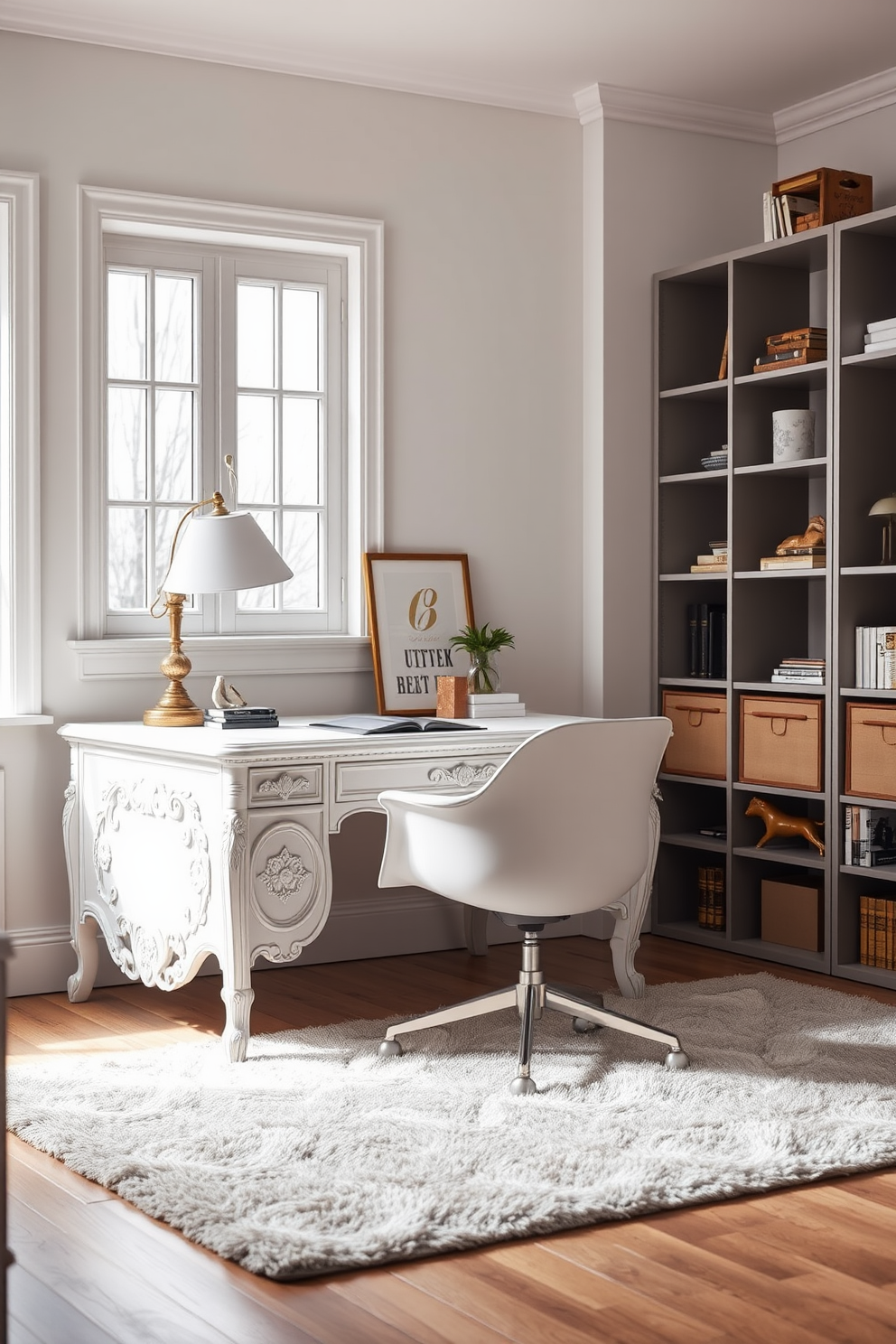 A vintage white desk with intricate carvings is paired with a sleek modern chair featuring a minimalist design. The walls are painted in a soft pastel hue, while a large window allows natural light to flood the room, enhancing the airy feel. A stylish bookshelf with a mix of vintage and contemporary decor items lines one wall. A plush area rug in neutral tones anchors the space, adding warmth to the overall aesthetic.