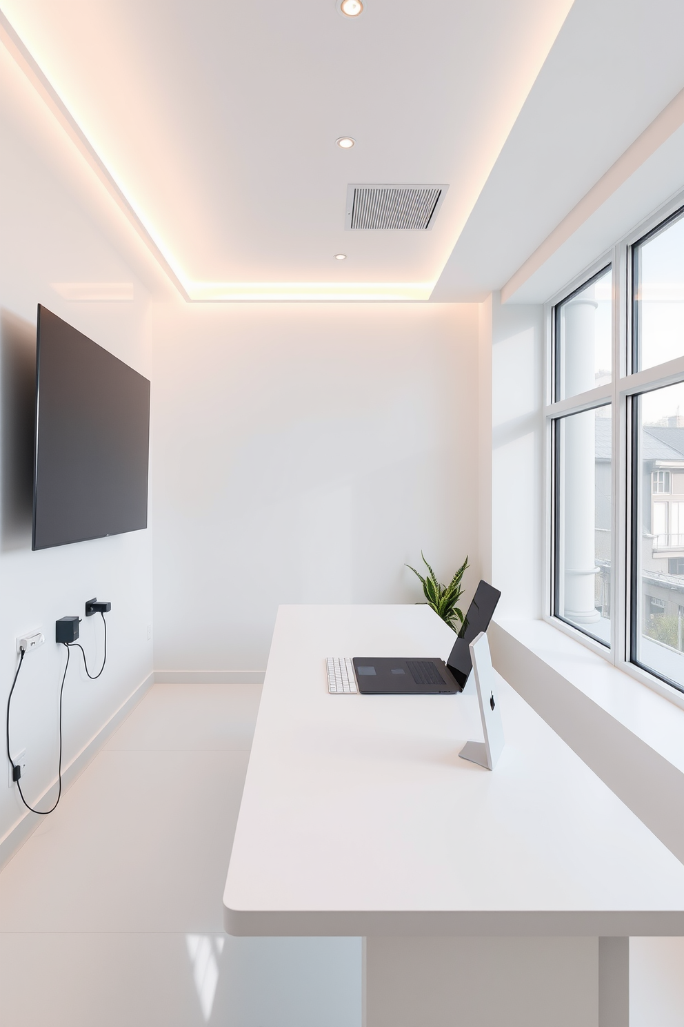 A modern white study room featuring integrated technology for a smart workspace. The room includes a sleek white desk with built-in charging ports and a large monitor mounted on the wall. Natural light floods in through large windows, illuminating the minimalist decor. Smart lighting systems adjust automatically based on the time of day, enhancing productivity and comfort.