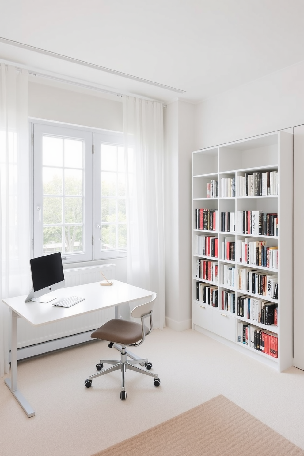 A serene study room featuring a neutral color palette with a white base. The walls are painted in a soft white shade, complemented by a sleek white desk and a comfortable ergonomic chair. Natural light floods the space through large windows adorned with sheer white curtains. A minimalist bookshelf filled with neatly arranged books adds a touch of sophistication to the room.