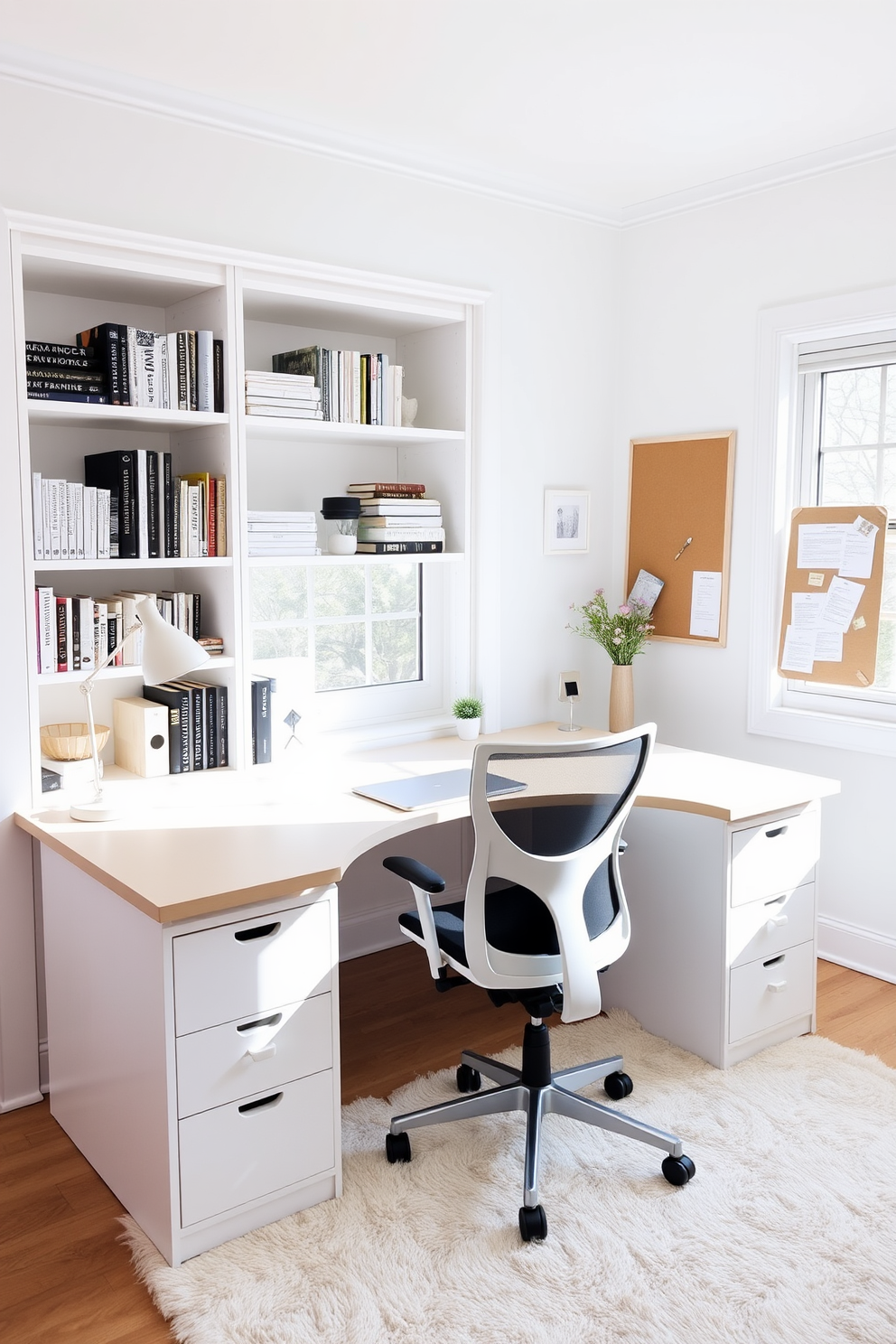 A bright and airy white study room designed for productivity features a large wooden desk positioned near a window that allows natural light to flood the space. Shelves filled with books and decorative items line the walls, while a comfortable ergonomic chair complements the desk for optimal comfort during long working hours. The room is accented with minimalistic decor, including a sleek desk lamp and a bulletin board for organization. A soft area rug adds warmth to the space, creating an inviting atmosphere that encourages focus and creativity.