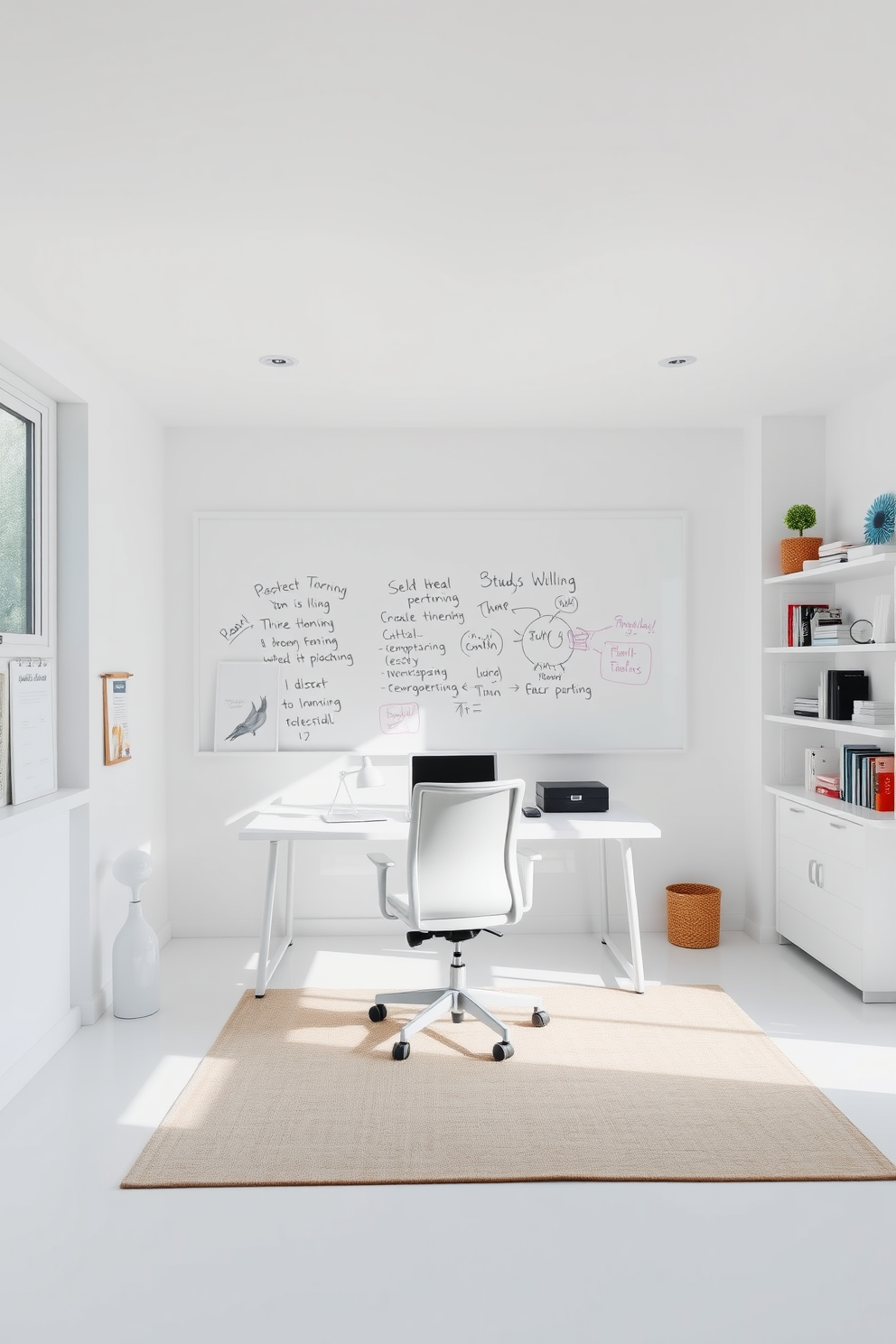 A bright and airy study room features a large whiteboard wall that encourages brainstorming and creativity. The space is filled with natural light from a large window, and a sleek white desk sits against the wall, complemented by a comfortable ergonomic chair. The walls are painted in a soft white hue, creating a clean and open atmosphere. Shelves lined with books and decorative items add personality, while a stylish rug defines the study area and adds warmth to the room.