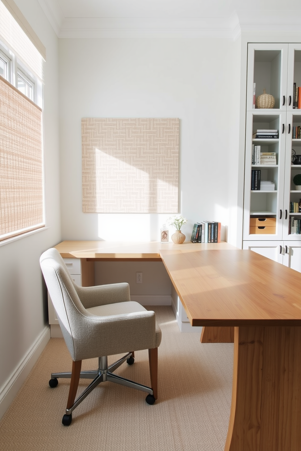 A bright and airy study room featuring a large wooden desk with a smooth finish and a comfortable fabric chair. The walls are painted in a soft white, complemented by a textured fabric bulletin board and a wooden bookshelf filled with books and decorative items.