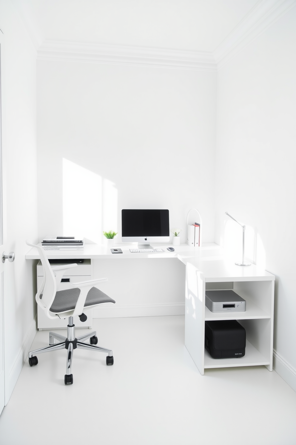 A bright and airy white study room features a sleek desk with integrated under-desk storage that maximizes space and keeps clutter at bay. The walls are painted in a soft white hue, and a comfortable ergonomic chair complements the minimalist design, providing a perfect spot for productivity.