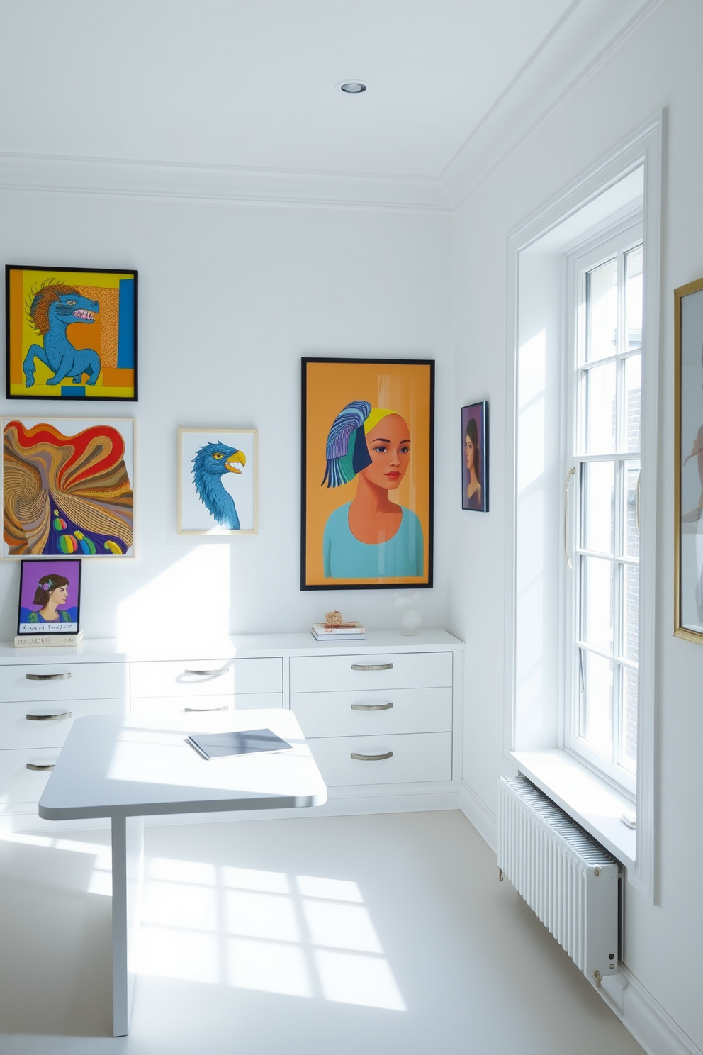 Bright artwork adorns the walls of a pristine white study room, infusing the space with color and creativity. A sleek white desk is positioned near a large window, allowing natural light to illuminate the vibrant pieces and enhance the overall ambiance.