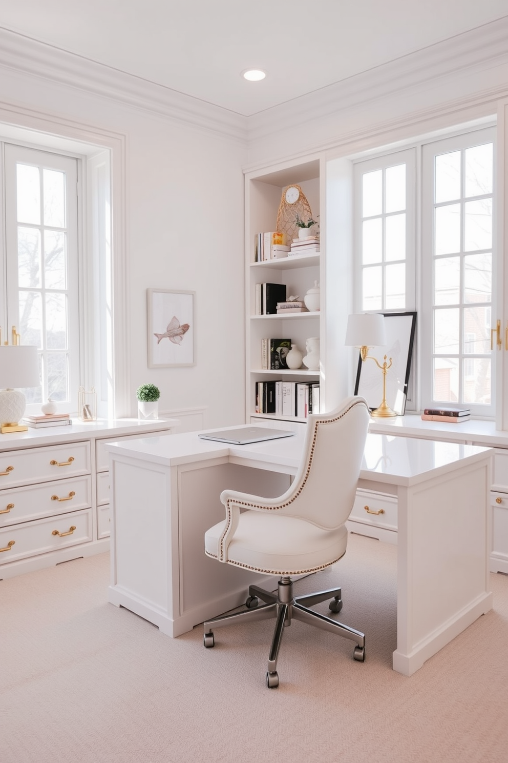 A serene study room featuring white furniture with elegant gold hardware accents. The room includes a sleek white desk paired with a comfortable white chair, both adorned with gold detailing. Natural light floods the space through large windows, illuminating the soft white walls. A stylish bookshelf filled with books and decorative items complements the overall design, creating an inviting atmosphere for productivity.