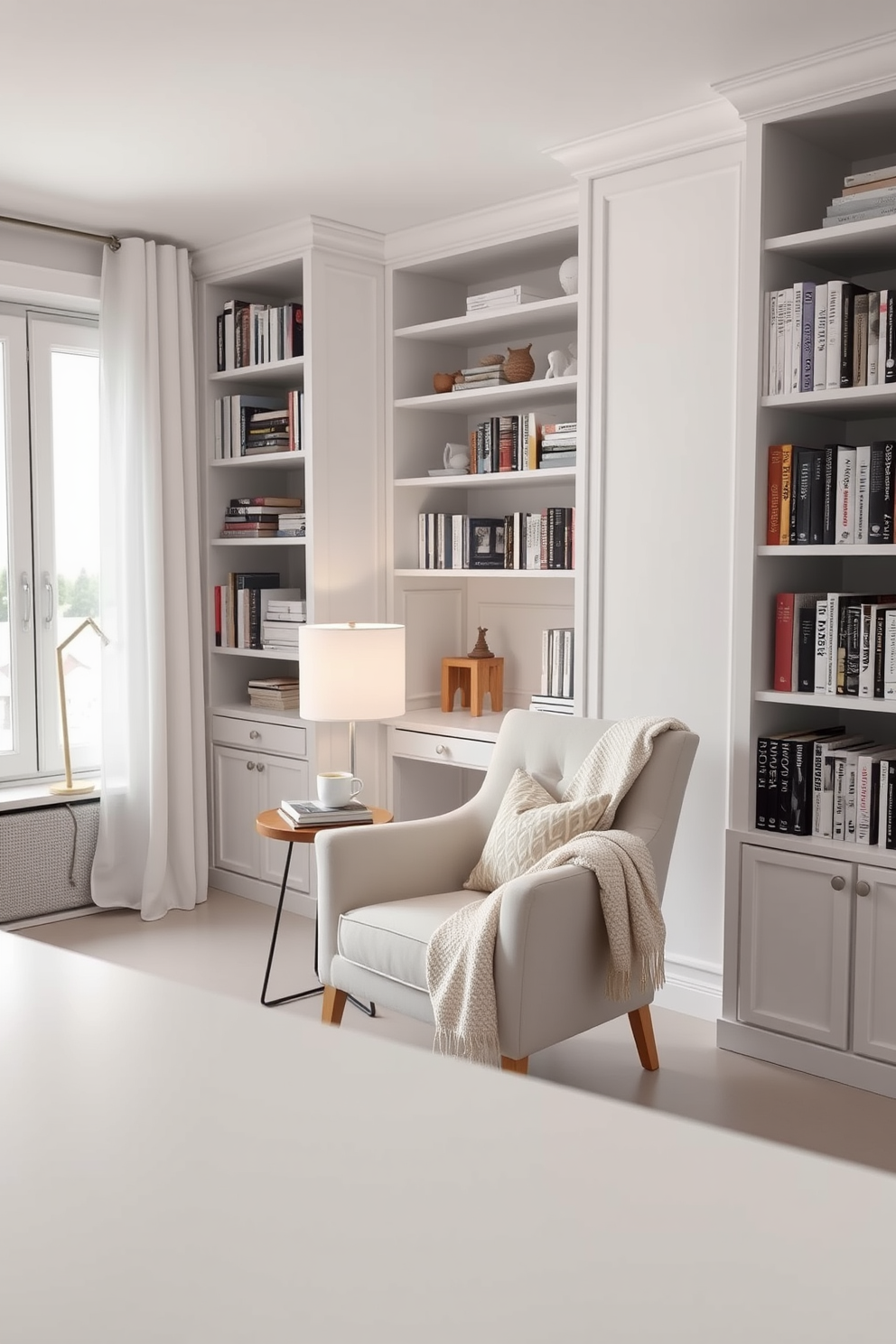 Cozy reading nook with white armchair. A soft throw blanket drapes over the armchair, and a small wooden side table holds a steaming cup of tea and a stack of books. White study room design ideas. The room features a large white desk with a sleek lamp, surrounded by shelves filled with neatly organized books and decorative items.