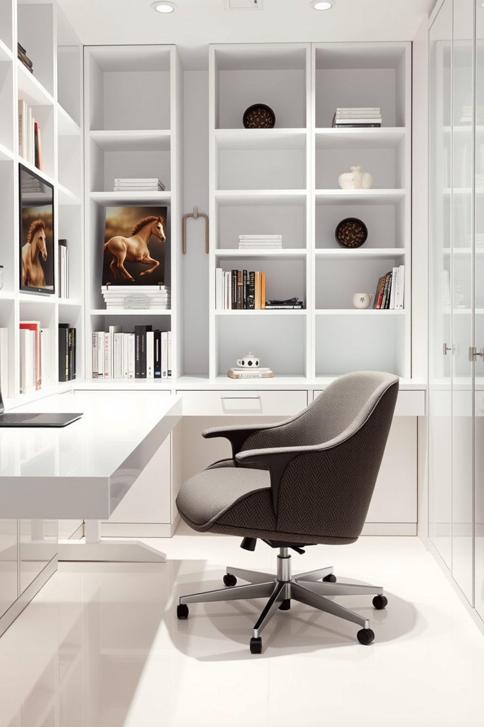 A serene white study room designed for relaxation breaks. The space features a plush white armchair positioned next to a sleek white desk with a minimalist design. Natural light floods in through large windows adorned with sheer white curtains. A soft area rug lies beneath the chair, adding warmth to the cool color palette.