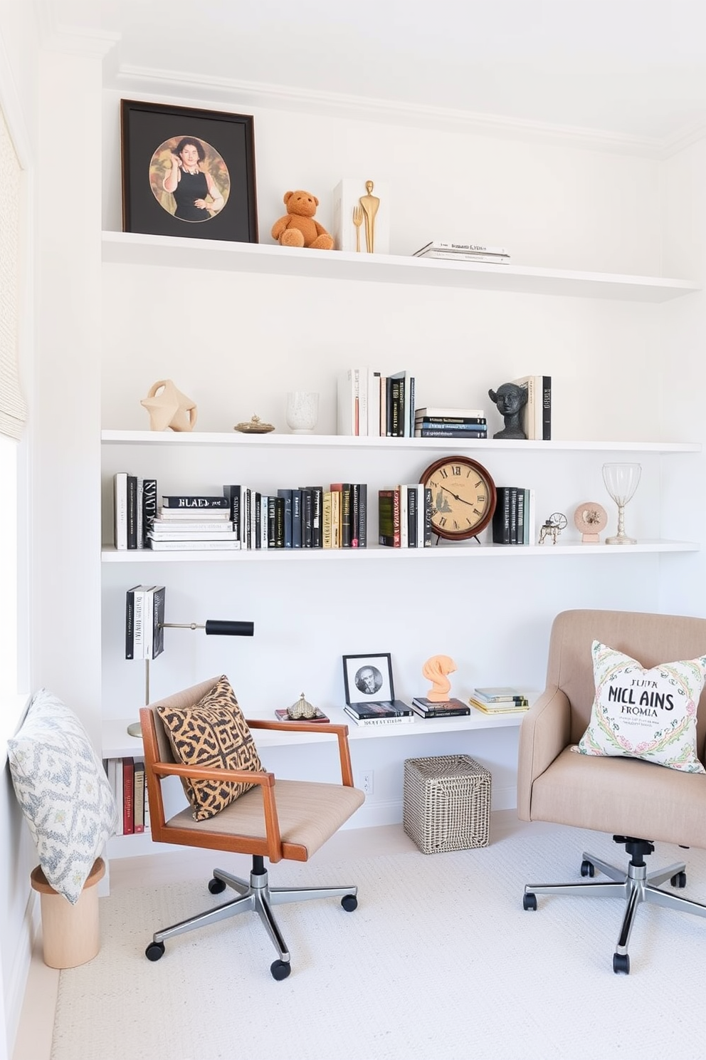 A bright and airy study room features floating shelves elegantly arranged with an assortment of books and decorative items. The walls are painted in a crisp white, creating a clean backdrop for the stylish furnishings and accessories.