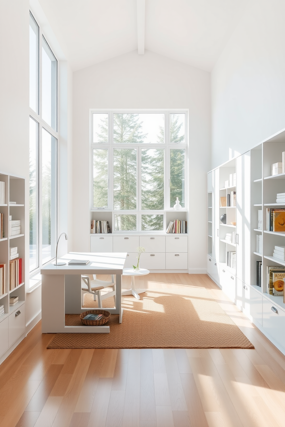 A bright and airy study room filled with natural light from large windows that stretch from floor to ceiling. The walls are painted in a soft white shade, complemented by a sleek white desk and a comfortable ergonomic chair. A minimalist bookshelf lines one wall, showcasing neatly arranged books and decorative items. A cozy reading nook is created in one corner with a plush armchair and a small side table, perfect for enjoying a cup of coffee.