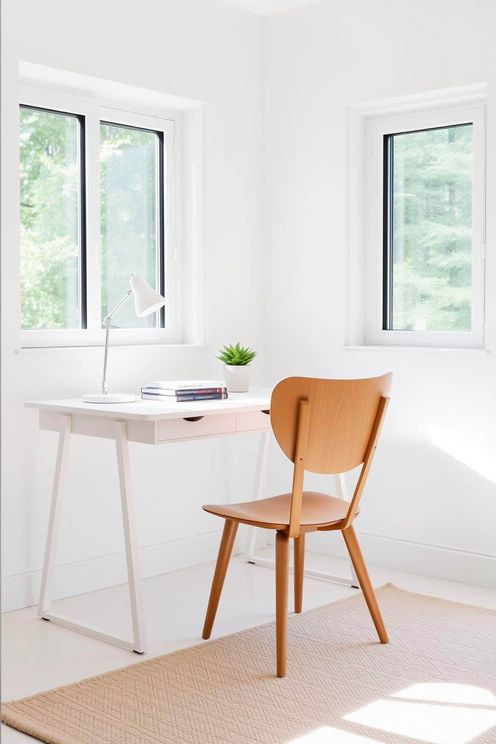 A bright and airy study room featuring a sleek white desk paired with a warm wooden chair. The walls are painted in a soft white hue, creating a serene atmosphere, while a large window allows natural light to flood the space. On the desk, a stylish desk lamp illuminates a neatly arranged stack of books and a small potted plant. A cozy area rug in neutral tones anchors the room, adding texture and comfort underfoot.