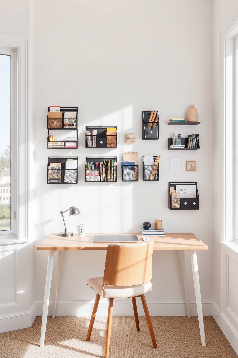 A bright and airy study room featuring wall-mounted organizers for office supplies. The walls are painted in a crisp white, and natural light floods in through large windows, illuminating a sleek wooden desk positioned against one wall. Stylish wall-mounted organizers are neatly arranged above the desk, showcasing a variety of stationery and decorative items. A cozy chair with a soft cushion sits in front of the desk, inviting productivity in this serene workspace.