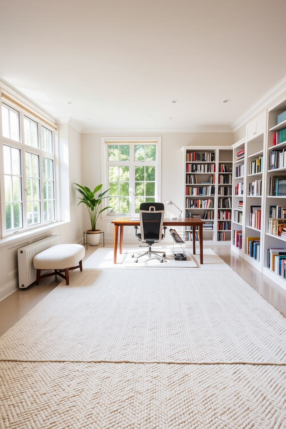 A stylish white study room features sleek pendant lighting that adds a modern flair to the space. The walls are adorned with minimalist artwork, and a large desk sits in front of a window, providing ample natural light. The pendant lights hang gracefully above the desk, casting a warm glow that enhances productivity. A cozy chair is positioned next to a bookshelf filled with neatly organized books, creating an inviting atmosphere for work and creativity.