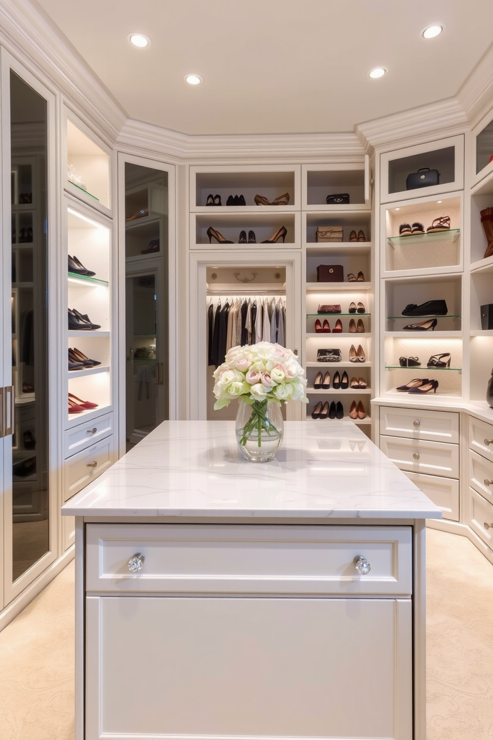 A luxurious island with crystal knobs serves as the centerpiece of the walk-in closet. The island features a sleek marble top and ample storage space, complementing the elegant design. The walk-in closet is adorned with custom cabinetry in a soft white finish. Soft lighting illuminates the space, highlighting the organized shelves filled with designer shoes and accessories.