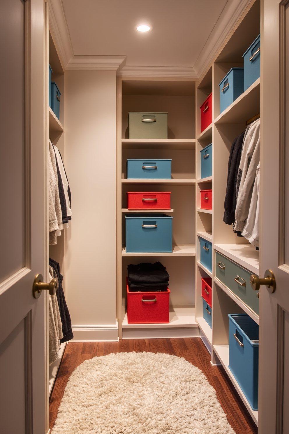 A spacious walk-in closet featuring soft close drawers for quiet use. The design includes ample shelving and hanging space, with a neutral color palette to create a calming atmosphere.