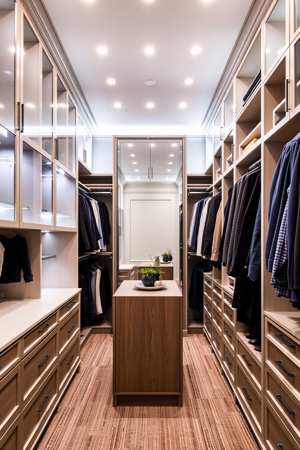 A luxurious walk-in closet featuring elegant crown molding that enhances the polished aesthetic. The space is organized with custom shelving and hanging racks, complemented by soft ambient lighting to create a serene atmosphere.