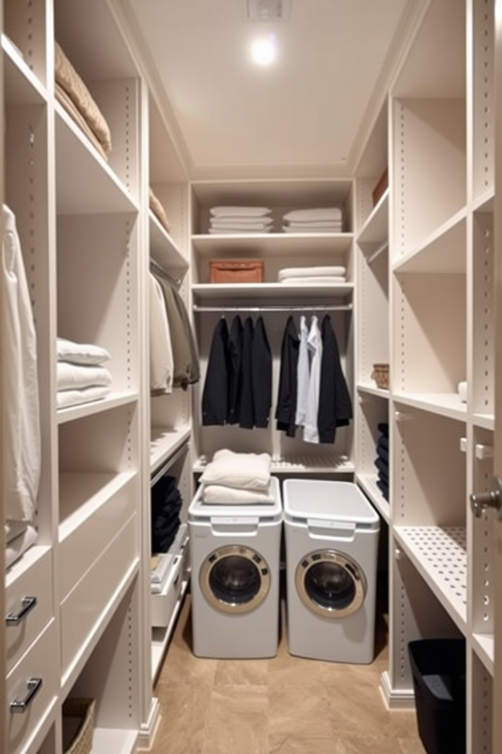 A spacious walk-in closet featuring pull-out hampers for laundry convenience. The design includes ample shelving and hanging space, with soft lighting illuminating the area.