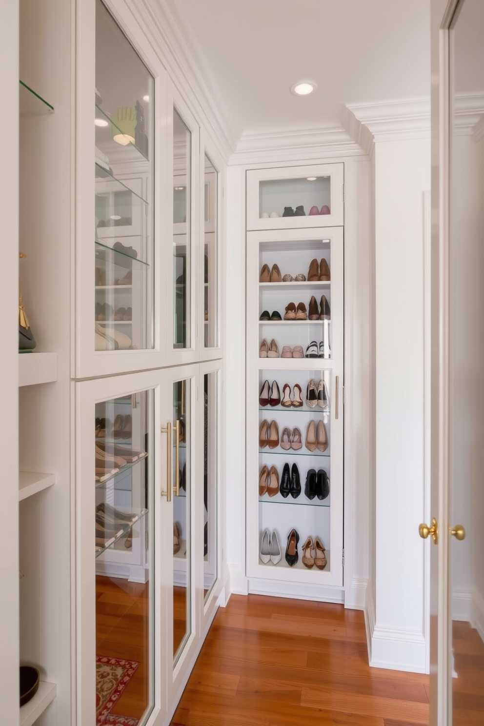 A spacious walk-in closet featuring glass-front cabinets that elegantly showcase a curated collection of shoes and accessories. The walls are painted in a soft white hue, creating a bright and airy atmosphere complemented by warm wooden flooring.