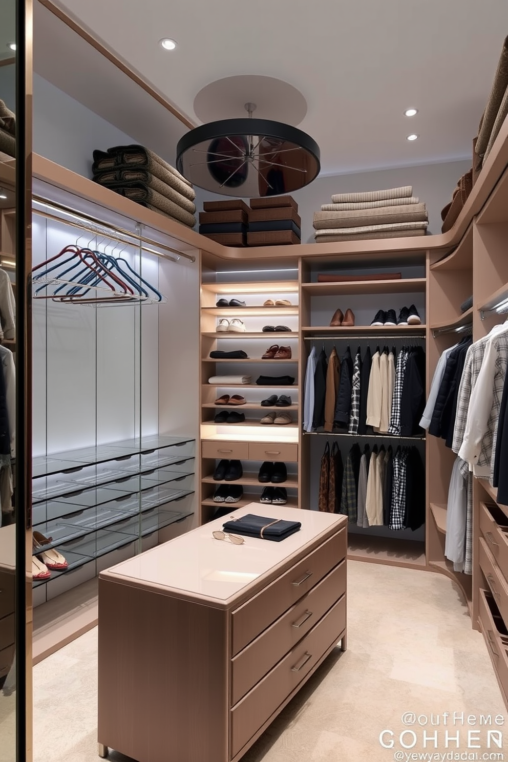 A luxurious walk-in closet featuring multi-tiered hanging rods that maximize storage and versatility. The space is illuminated with soft lighting, showcasing elegant shoe racks and a central island with drawers for accessories.