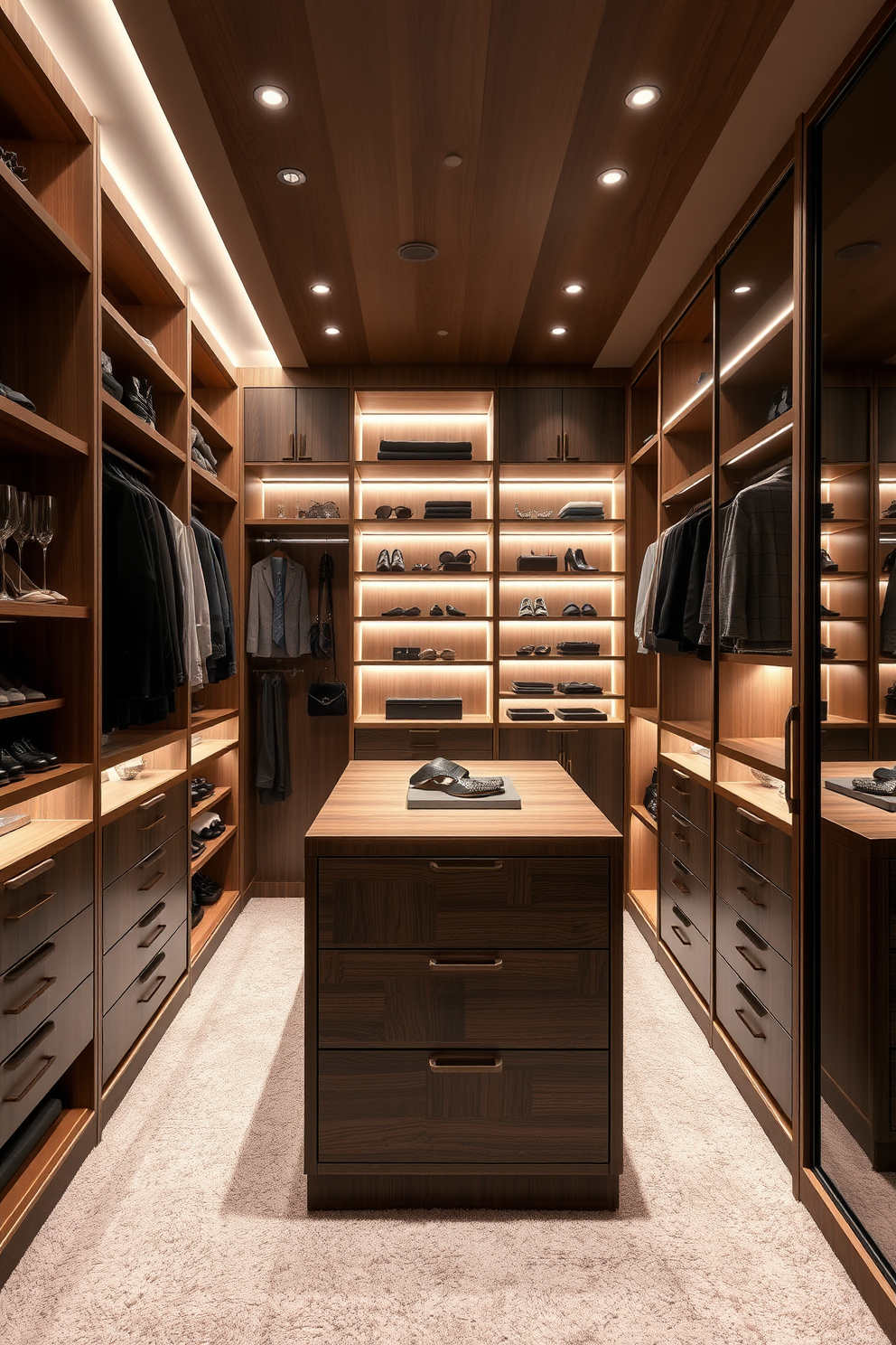 A luxurious walk-in closet featuring hidden compartments for discreet storage. The design includes elegant shelving units and a central island with drawers seamlessly integrated into the layout. Soft lighting illuminates the space, highlighting the rich textures of the wood and the plush carpet underfoot. Mirrors line one wall, enhancing the sense of openness and reflecting the meticulously organized accessories and clothing.