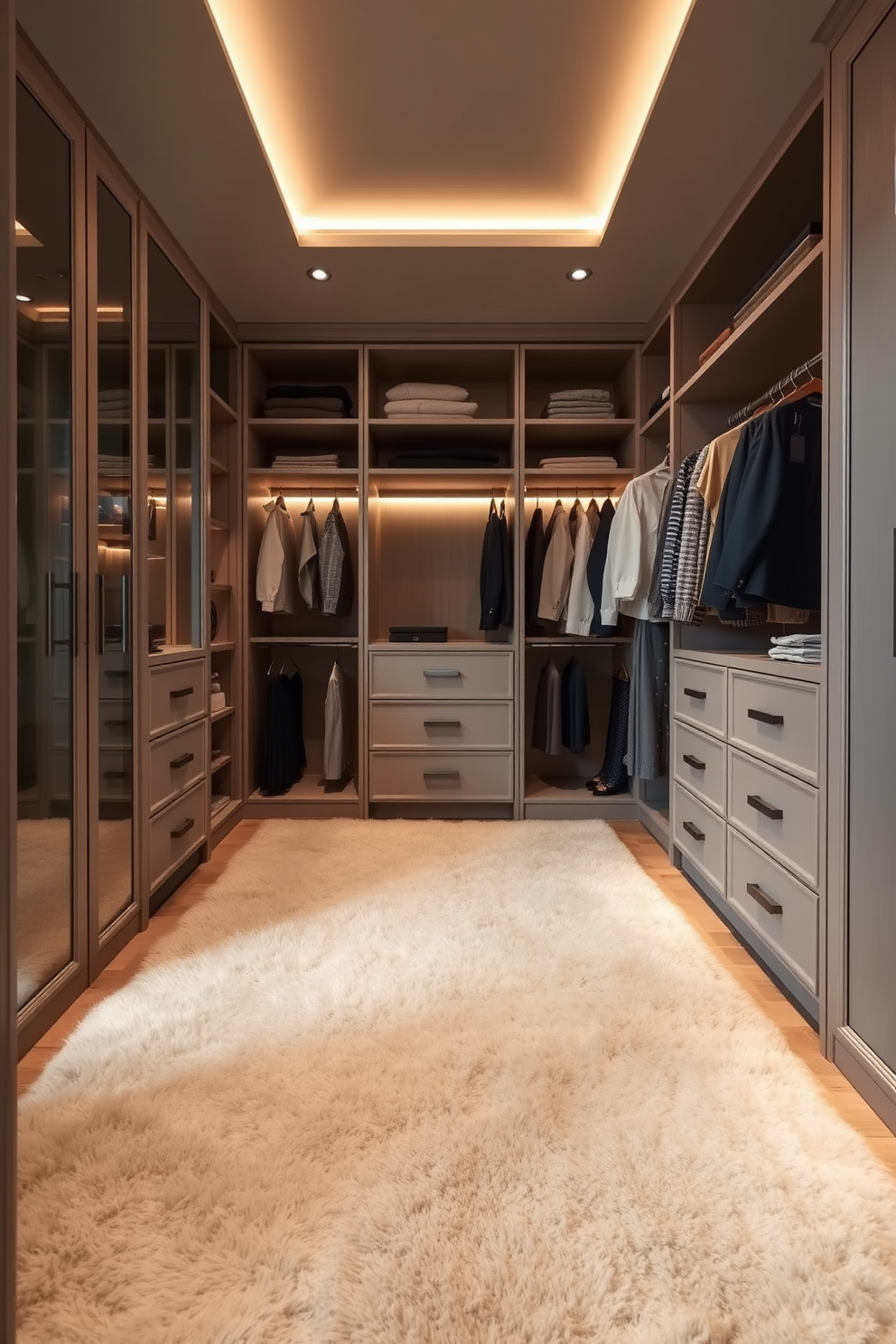 A cozy walk-in closet designed with soft rugs underfoot to provide warmth and texture. The space features elegant shelving and hanging areas, complemented by ambient lighting that enhances the overall aesthetic.