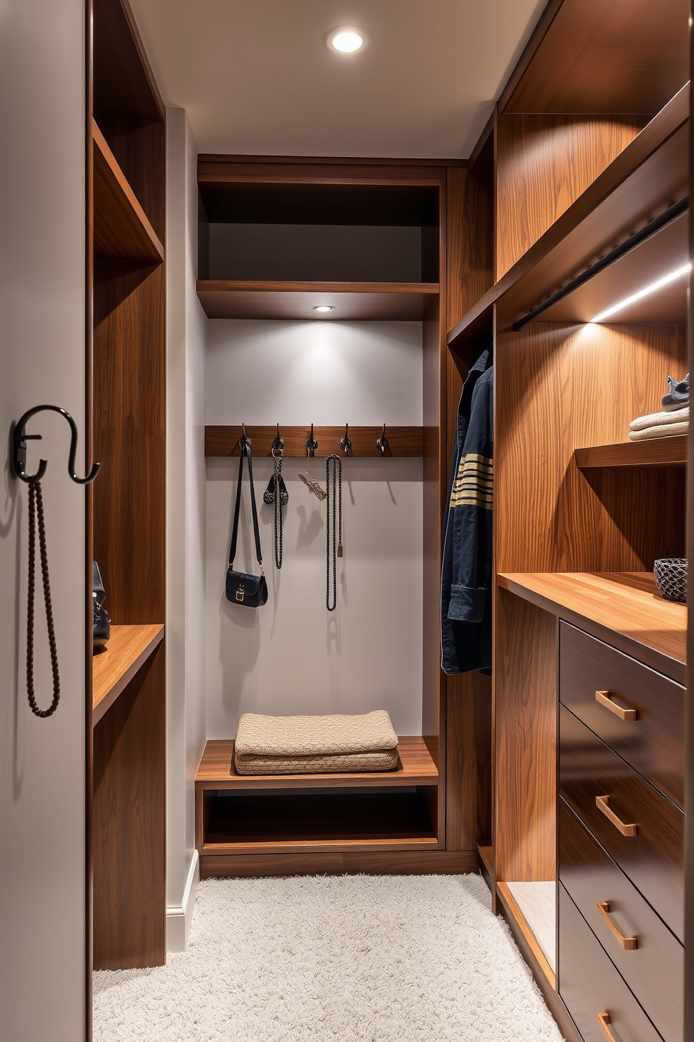 A stylish walk-in closet featuring decorative hooks elegantly arranged on the walls for displaying accessories. The space is illuminated by soft lighting, enhancing the rich wooden shelves and the plush carpet underfoot.