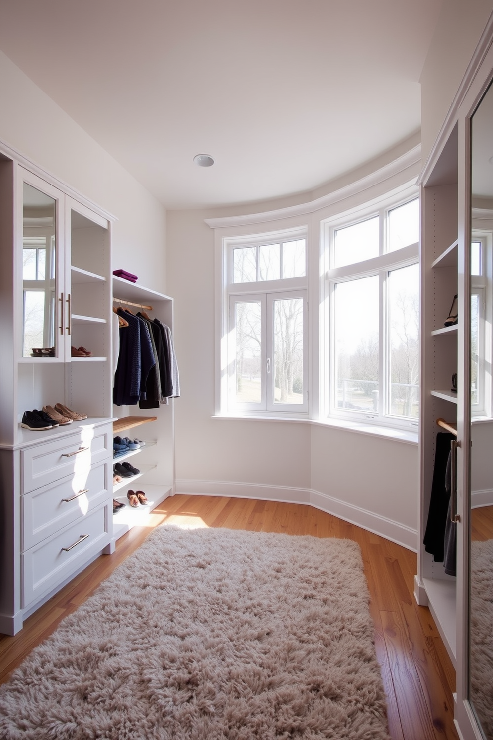 A spacious walk-in closet featuring large windows that allow natural light to flood the space. The walls are painted in a soft white hue, creating a bright and airy atmosphere. The closet is equipped with custom shelving and hanging rods made of polished wood, providing ample storage for clothing and accessories. A plush area rug in a neutral tone adds warmth and comfort to the room.