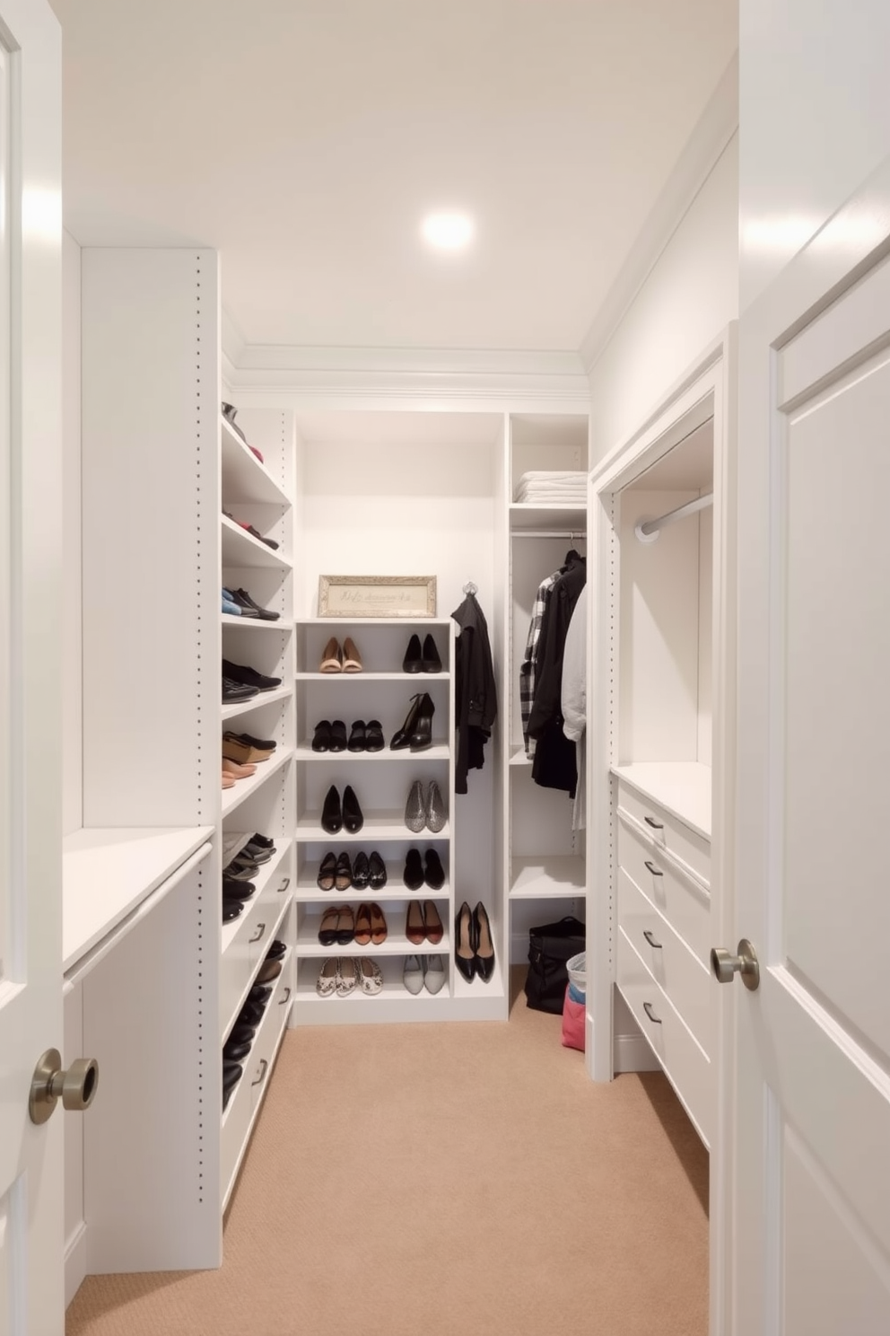 A spacious walk-in closet features open shelving for easy access to shoes and accessories. The walls are painted in a soft white hue, creating a bright and airy atmosphere.