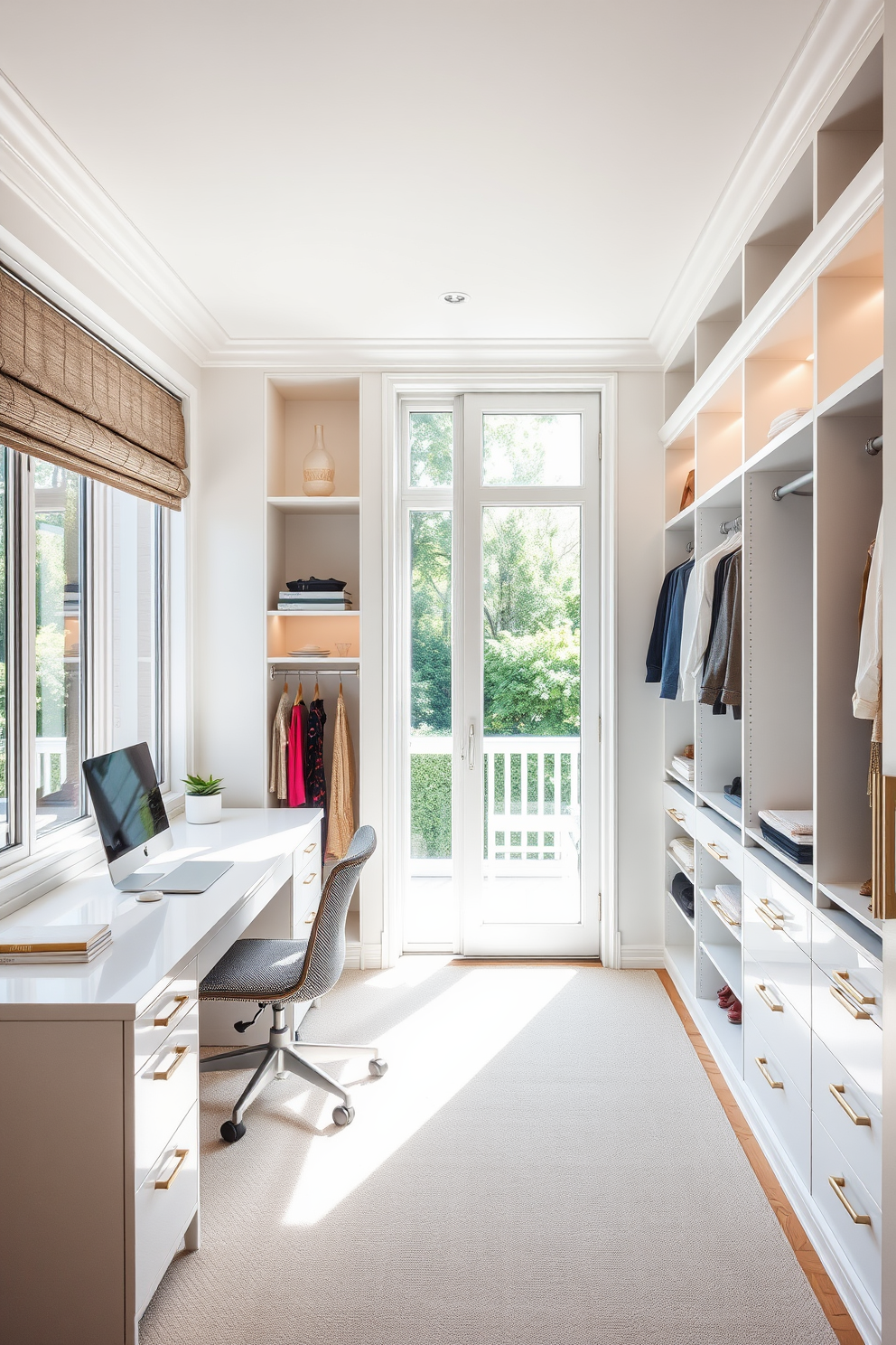 A luxurious walk-in closet featuring a personalized color palette that reflects the owner's style. The walls are adorned with soft pastel hues, complemented by elegant shelving and hanging spaces. The closet includes a central island with a marble top for accessories and jewelry storage. Ambient lighting highlights the carefully curated shoe display and clothing sections, creating a sophisticated and inviting atmosphere.