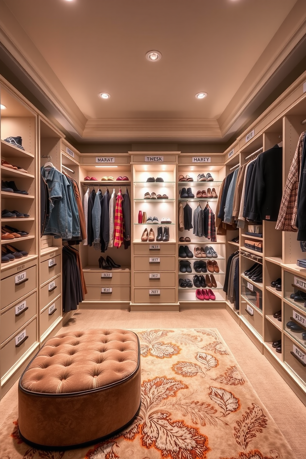 A chic walk-in closet designed for compact spaces features built-in shelving that maximizes storage while maintaining a sleek aesthetic. The walls are painted in a soft neutral tone, and the flooring is a light wood that adds warmth to the space. The closet includes a full-length mirror mounted on one wall, enhancing the sense of openness. Stylish lighting fixtures illuminate the area, creating a bright and inviting atmosphere.