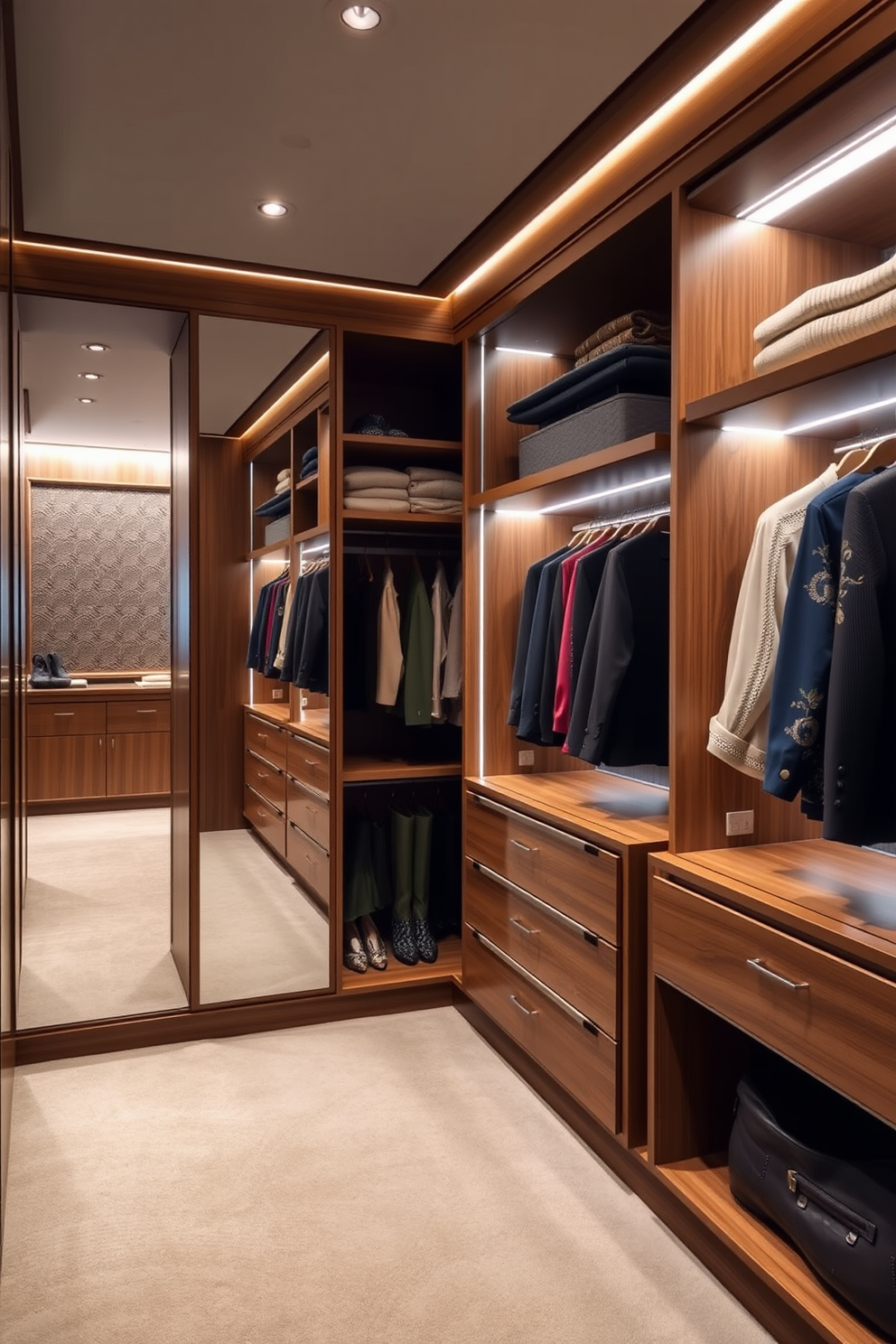 A spacious walk-in closet featuring integrated mirrors along one wall for outfit checking. The design includes elegant shelving and hanging space, with soft ambient lighting that highlights the rich wood finishes and plush carpeting.