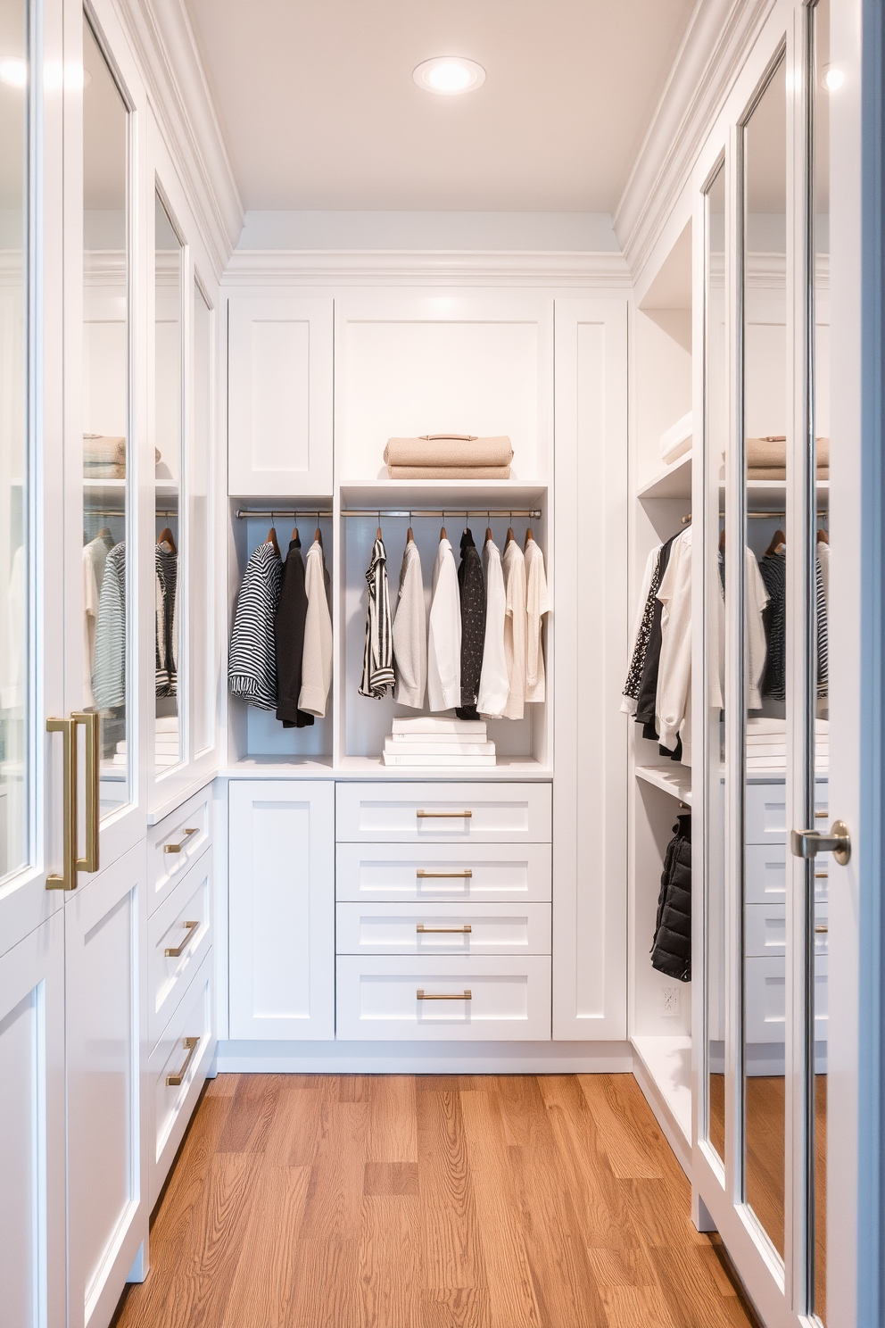 Bright white cabinetry for a clean look. The cabinetry features sleek lines and minimalistic hardware, creating an airy and modern aesthetic. White walk-in-closet design ideas. The space is organized with open shelving, hanging rods, and soft lighting to enhance the feeling of spaciousness and elegance.