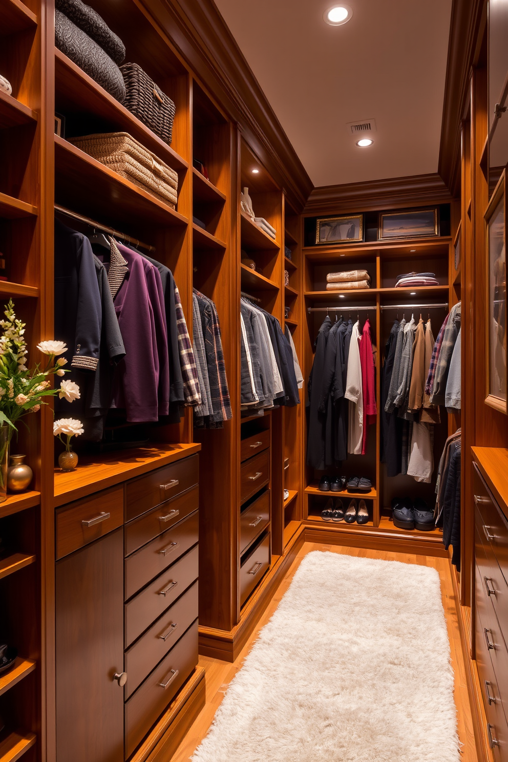 A spacious walk-in closet featuring elegant wooden shelving and hanging rods. Decorative accents such as fresh flowers in a vase and framed artwork adorn the walls, adding a touch of personality and style. Soft, ambient lighting highlights the rich textures of the clothing and accessories displayed. A plush area rug underfoot enhances the luxurious feel, creating a welcoming atmosphere for organizing and selecting outfits.