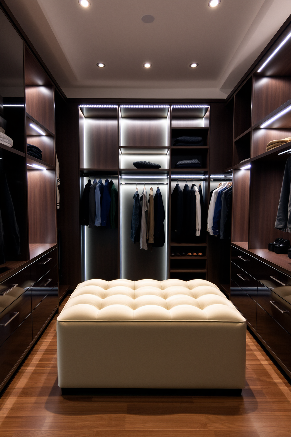 A modern walk-in closet featuring smart technology for automated lighting. The space includes sleek cabinetry with integrated LED lights that illuminate the shelves and hanging areas when approached. The closet is designed with a minimalist aesthetic, showcasing a combination of open shelving and closed storage. A plush ottoman sits in the center, providing a comfortable spot for dressing while the lighting adjusts to the time of day.