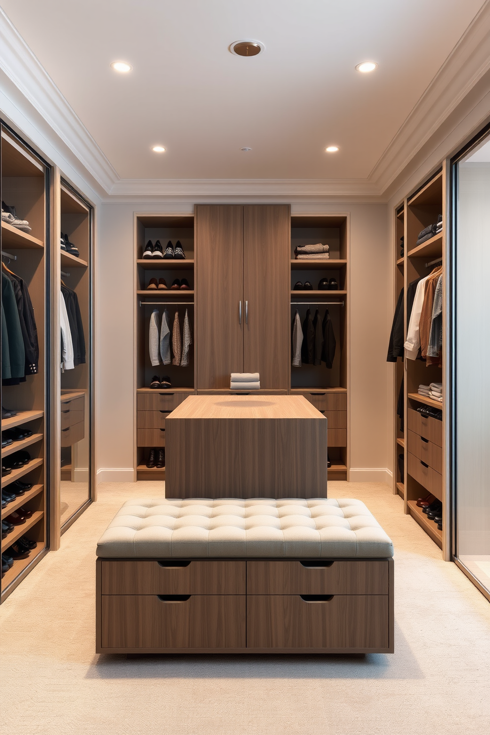 Sleek cabinetry lines the walls of a spacious walk-in closet, showcasing a minimalist design with clean lines and a high-gloss finish. Soft LED lighting illuminates the space, highlighting a blend of open shelving and closed storage for an organized yet stylish look. The center of the closet features an elegant island with additional drawers, providing a functional surface for accessories and personal items. A full-length mirror is strategically placed to enhance the sense of space while offering a practical dressing area.