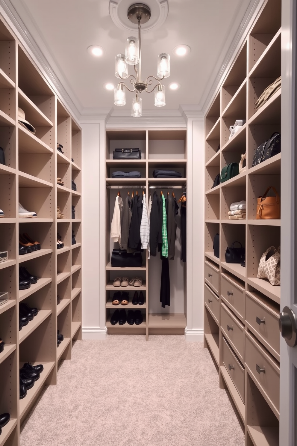 A spacious walk-in closet features adjustable shelving that allows for a customizable storage experience. The walls are painted in a soft white hue, and the floor is adorned with light gray carpeting for a cozy touch. The shelving units are designed to accommodate various items, from shoes to handbags, with ample space for hanging clothes. Elegant lighting fixtures illuminate the area, creating a bright and inviting atmosphere.