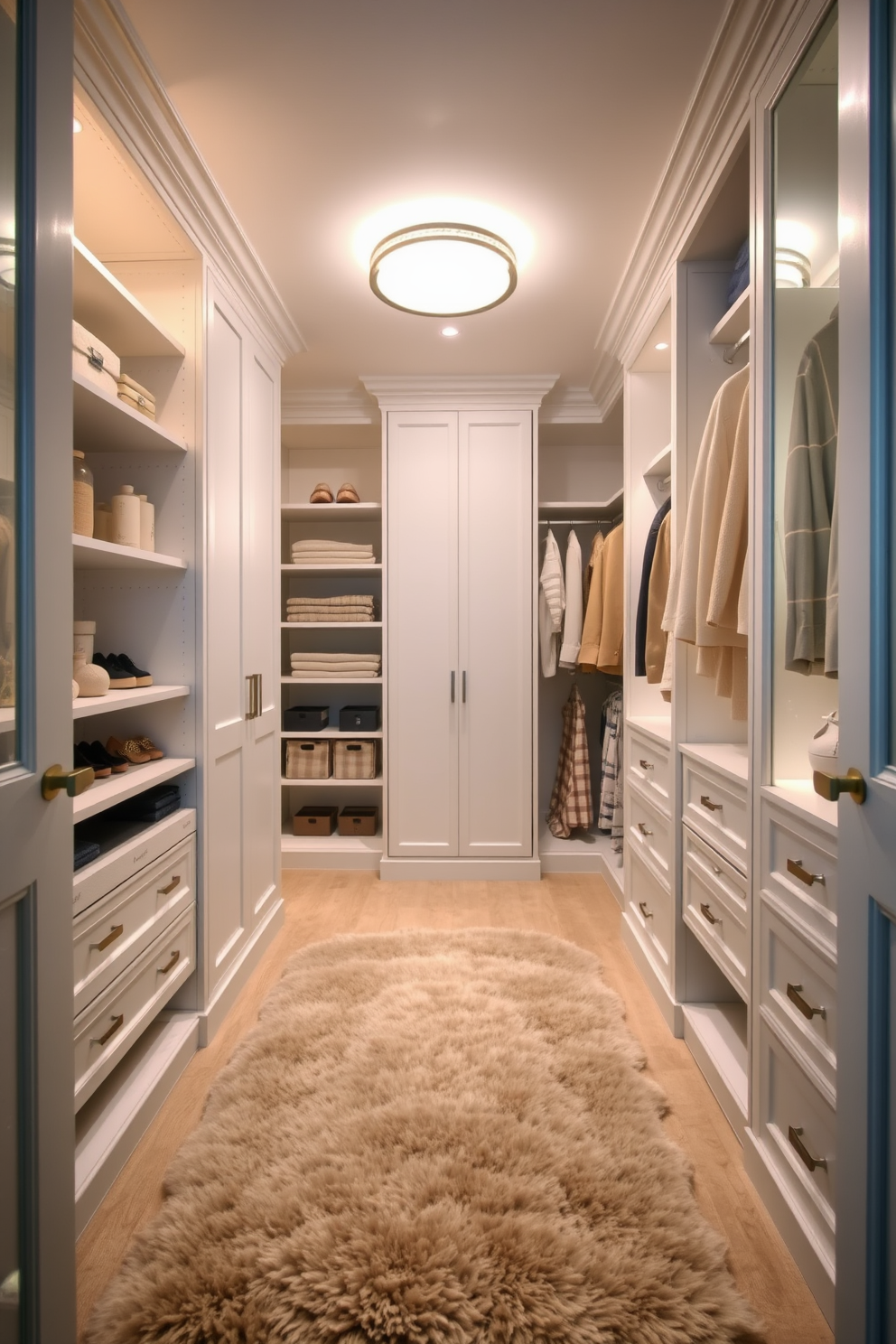 A spacious walk-in closet with soft rugs providing comfort underfoot. The walls are lined with elegant shelving and hanging space, illuminated by warm lighting that enhances the luxurious feel.