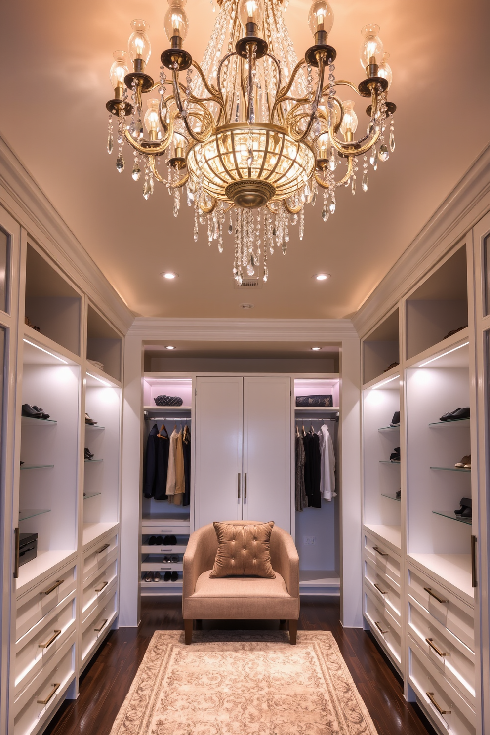 An elegant chandelier hangs gracefully from the ceiling, casting a warm glow throughout the space. The intricate design features crystal accents that refract light, creating a stunning visual effect. The walk-in closet is designed with sleek white cabinetry, offering ample storage for clothing and accessories. Soft, ambient lighting highlights the organized shelves and draws attention to a plush seating area in the center.