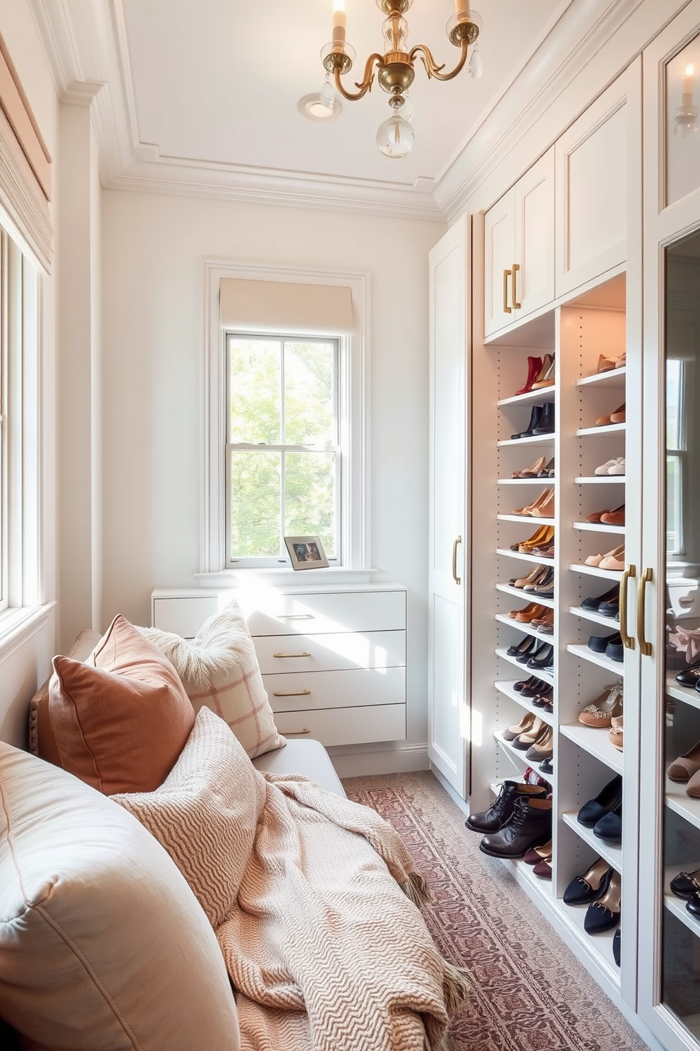 A spacious walk-in closet featuring smart technology for modern convenience. The closet is equipped with automated lighting, a smart mirror, and an app-controlled climate system. The design includes custom shelving and hanging spaces for optimal organization. Elegant finishes such as soft-close drawers and built-in charging stations enhance functionality and style.