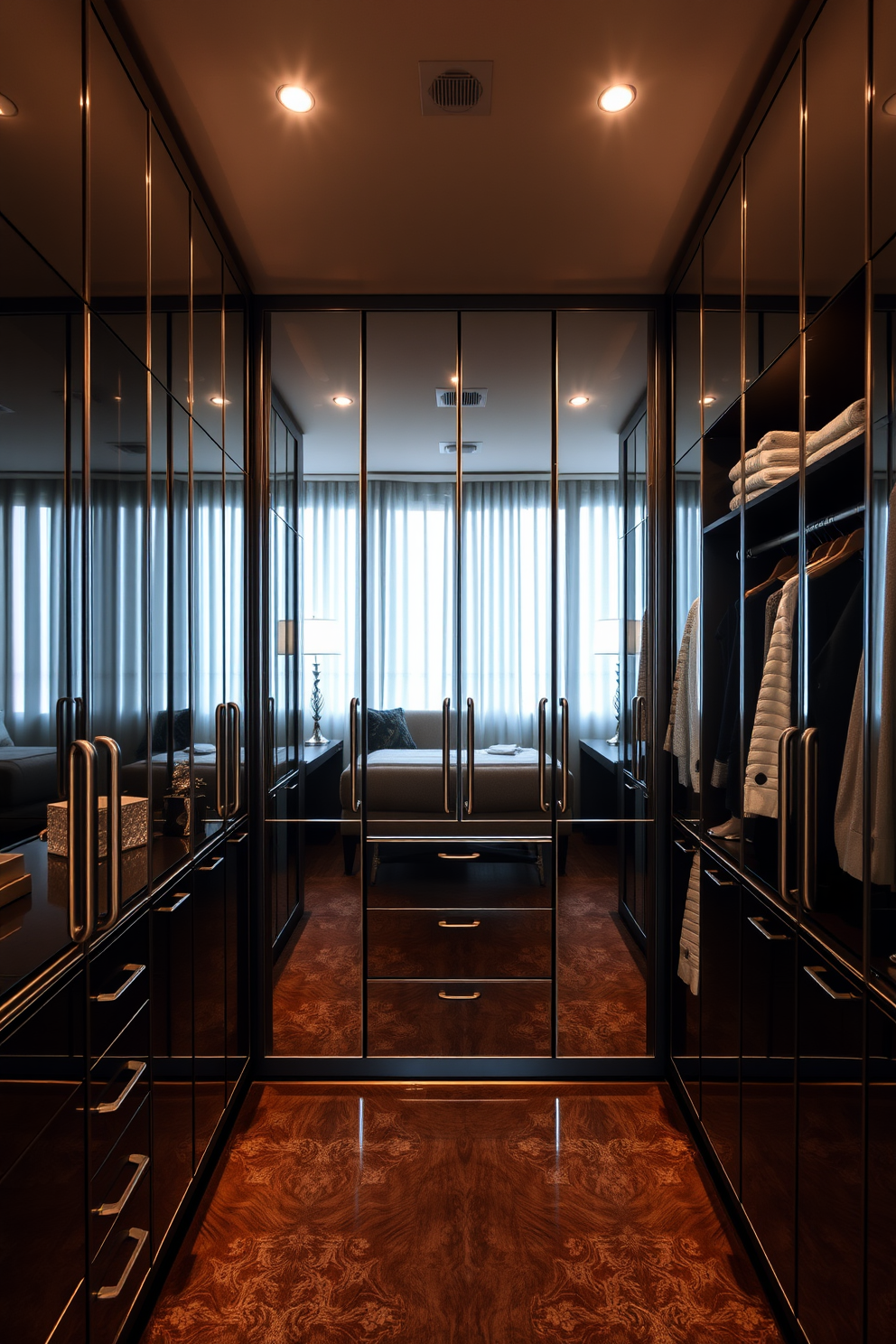 A luxurious walk-in closet featuring mirrored cabinets that reflect light and create a spacious ambiance. The design includes elegant shelving and soft lighting to enhance the overall aesthetic and functionality.