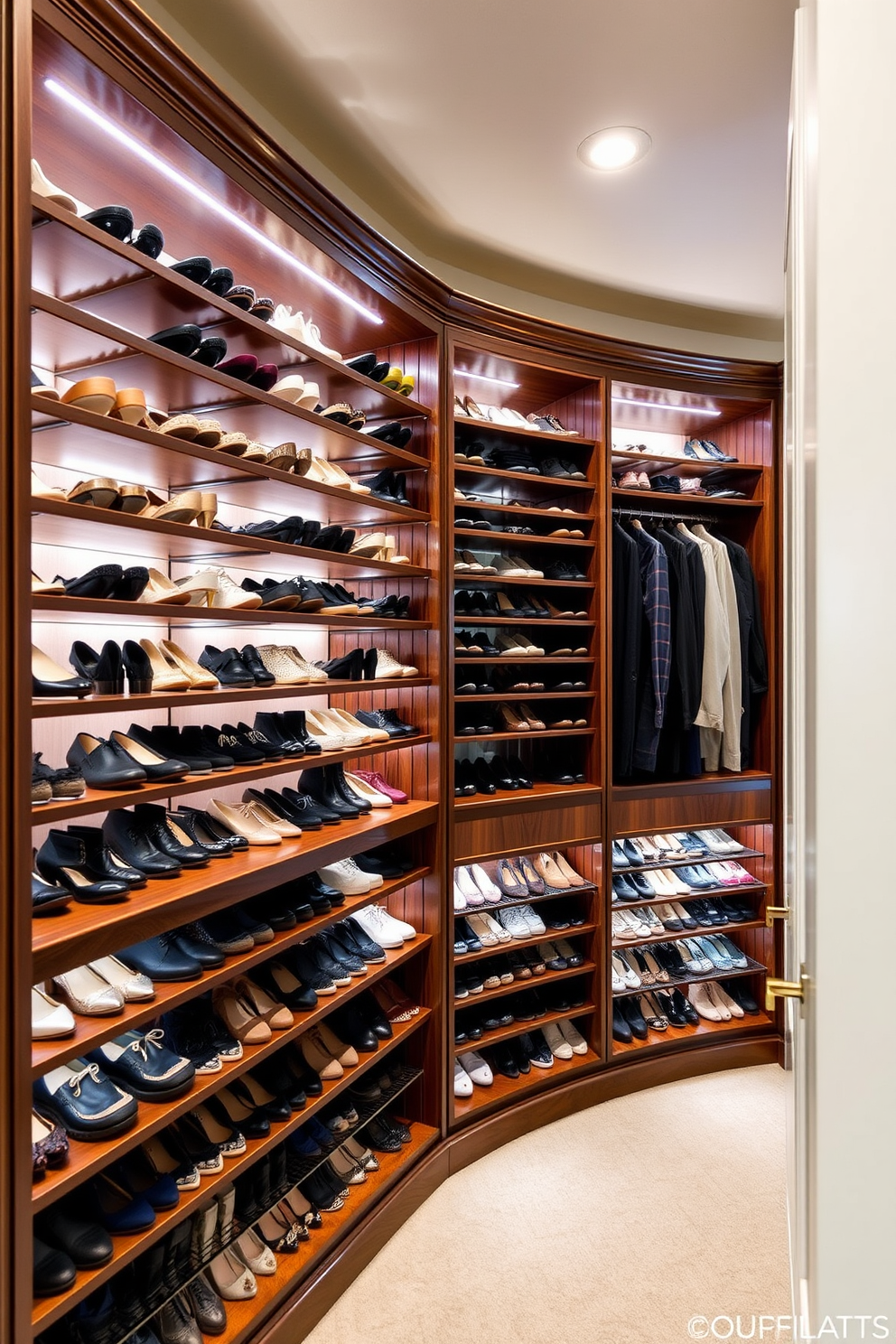 A luxurious walk-in closet featuring built-in shoe racks for optimal organization. The racks are crafted from rich wood and designed to display an extensive collection of shoes elegantly. Soft ambient lighting illuminates the space, highlighting the carefully arranged footwear. The walls are adorned with a soft neutral color, creating a serene atmosphere that complements the closet's design.