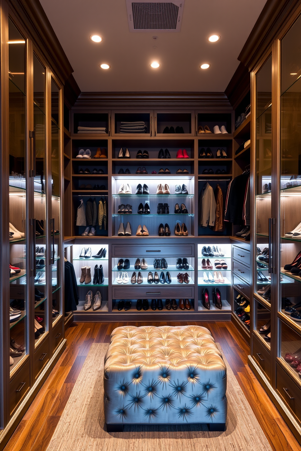 A spacious walk-in closet featuring custom lighting that highlights the displays of shoes and accessories. The walls are lined with elegant cabinetry, and a plush ottoman sits in the center for convenience.