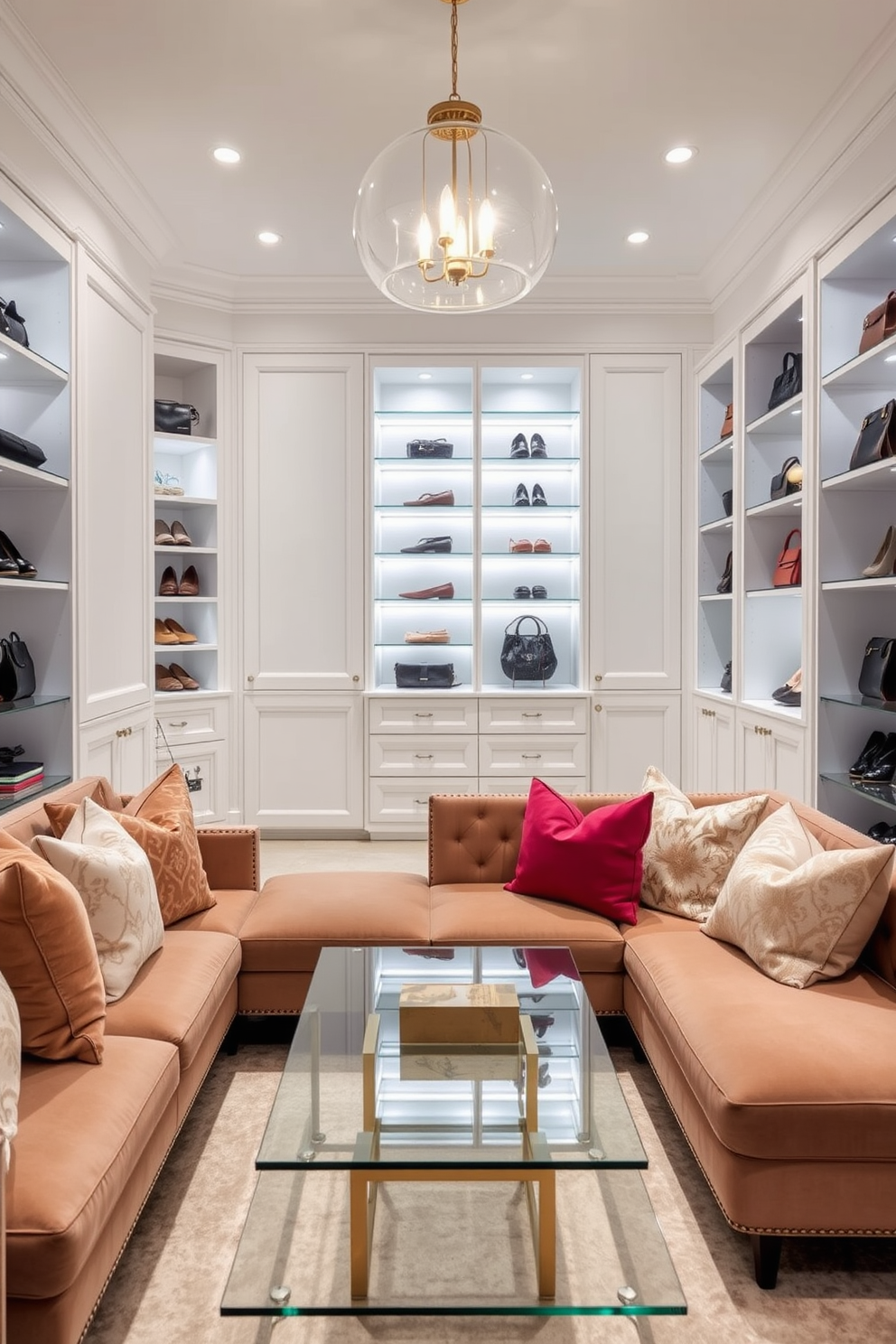 Luxe seating area for comfort. The space features a plush sectional sofa adorned with soft throw pillows and a stylish coffee table made of glass and gold accents. White Walk-In-Closet Design Ideas. The closet showcases custom shelving for shoes and bags, illuminated by elegant pendant lighting that enhances the bright white cabinetry.