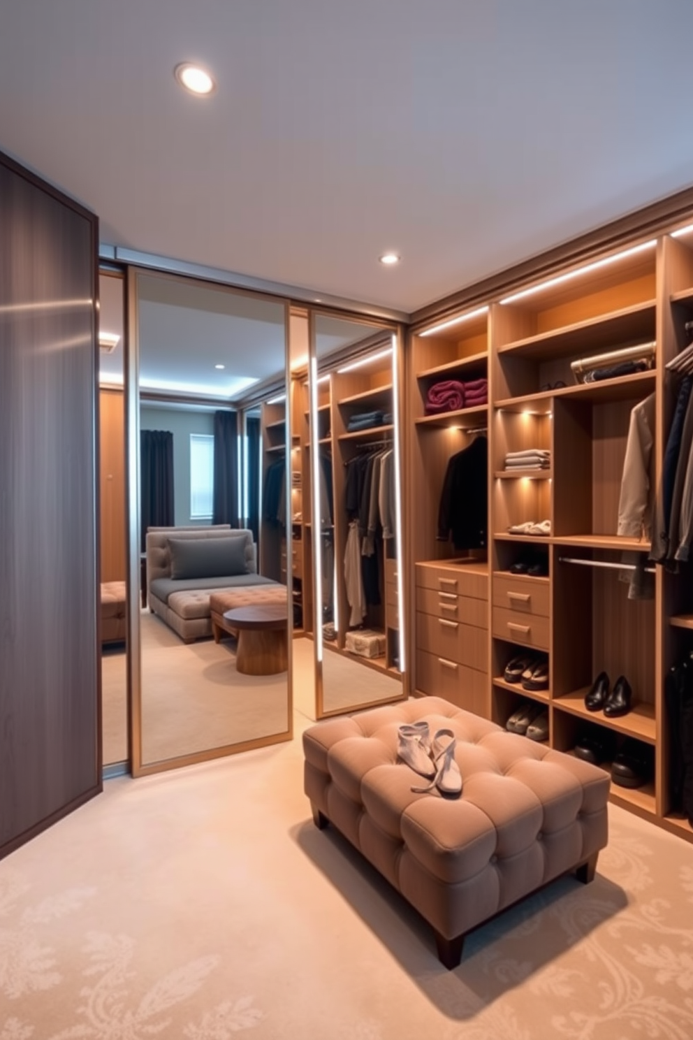 A luxurious white walk-in closet featuring glass display cases for accessories. The spacious design includes elegant shelving and soft lighting that highlights the carefully curated collection of shoes and handbags.