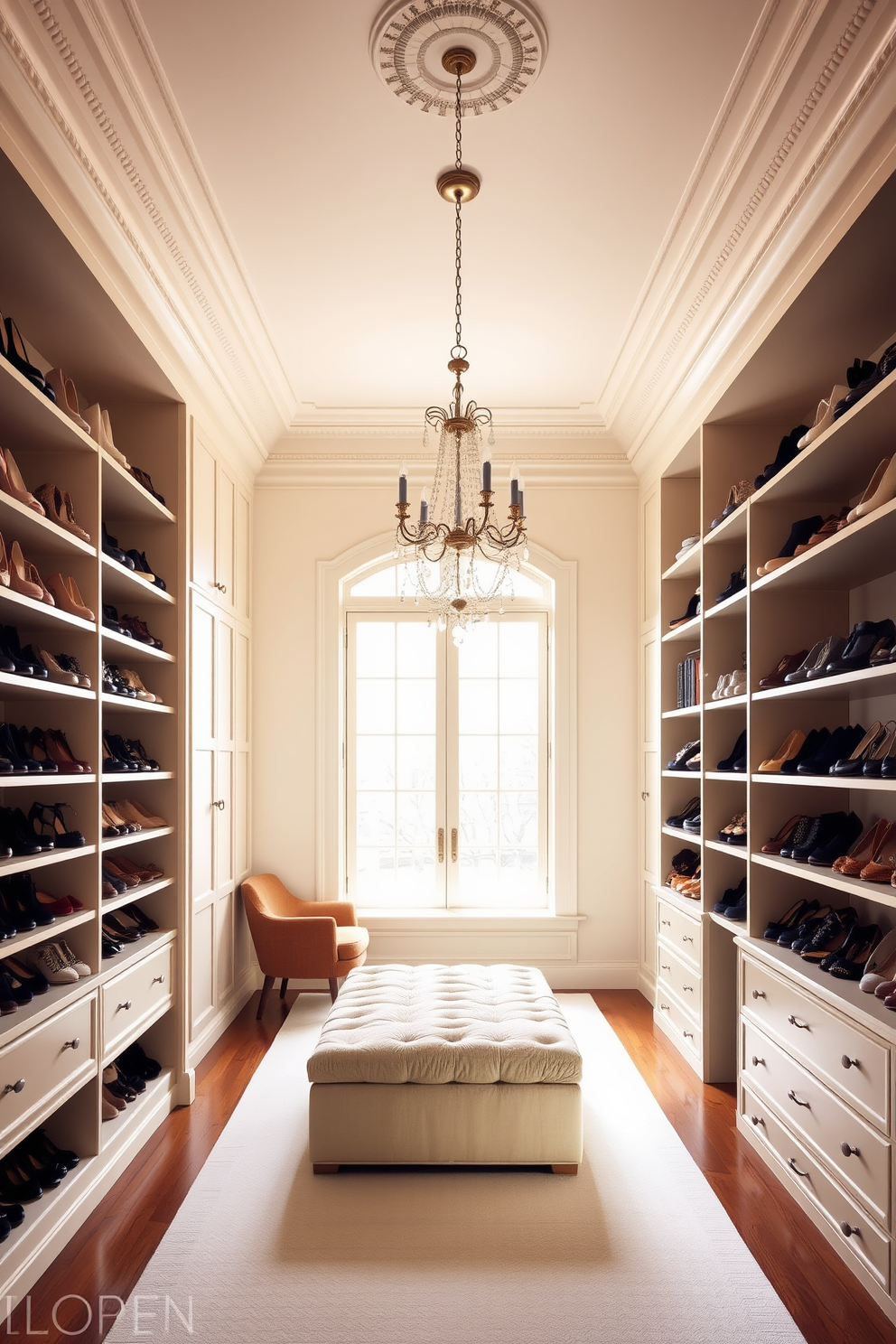 A spacious walk-in closet featuring multi-tiered hanging rods for versatile storage options. The walls are painted in a soft white hue, and the floor is adorned with light hardwood for a warm touch.