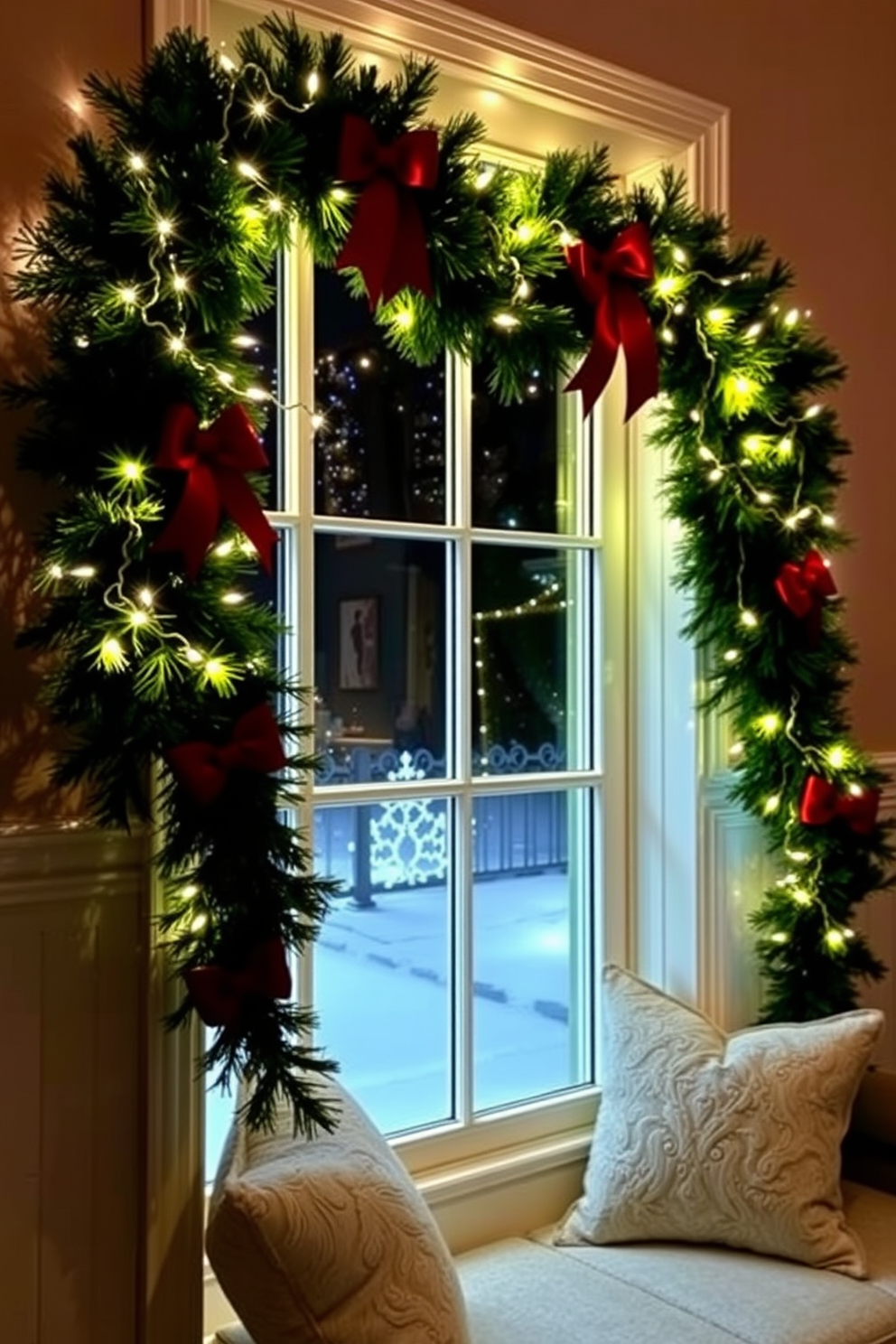 A festive Christmas garland is elegantly draped across the window frame, adorned with twinkling fairy lights and vibrant red bows. The scene is complemented by a cozy window seat with plush cushions, creating a warm and inviting atmosphere for the holiday season.