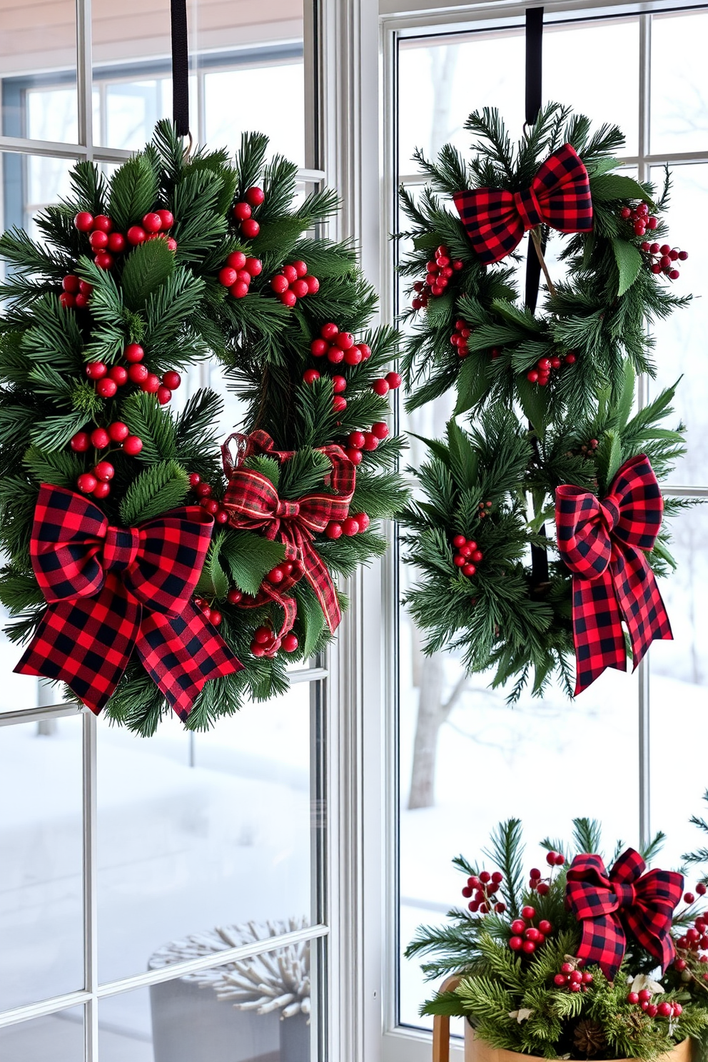 Holiday wreaths hung on each window create a festive and inviting atmosphere. Each wreath is adorned with red berries and a large plaid bow, complementing the winter scenery outside.