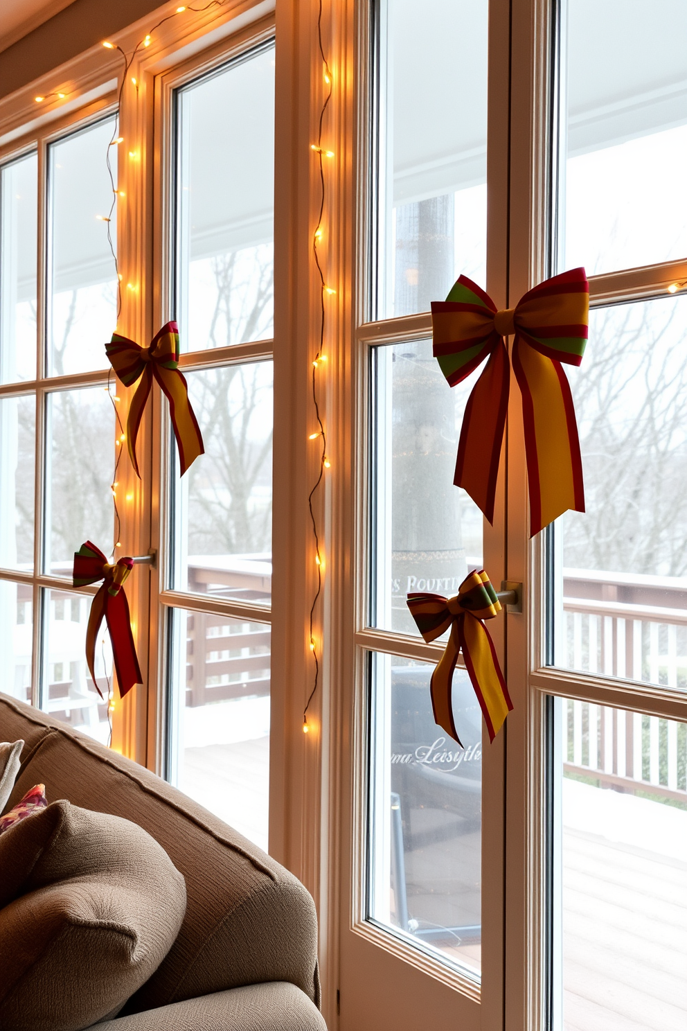 A cozy living room adorned with colorful ribbon bows tied to the handles of oversized windows. The bows are in vibrant shades of red, gold, and green, creating a festive atmosphere that complements the warm glow of string lights draped around the window frames.