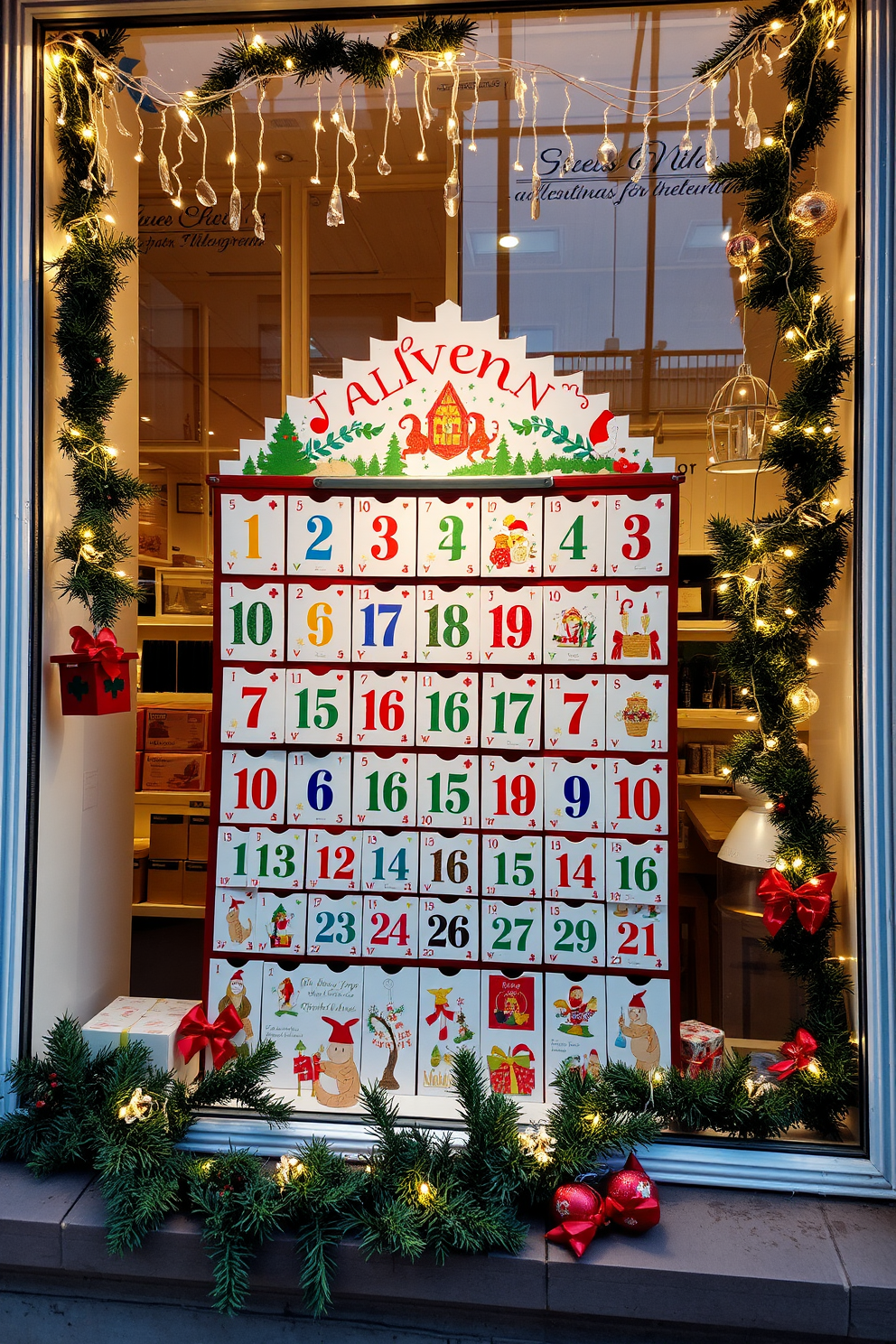 A beautifully arranged advent calendar is displayed in a large window, showcasing a festive theme with colorful numbers and charming holiday illustrations. The window is adorned with delicate fairy lights and evergreen garlands, creating a warm and inviting atmosphere for the Christmas season.