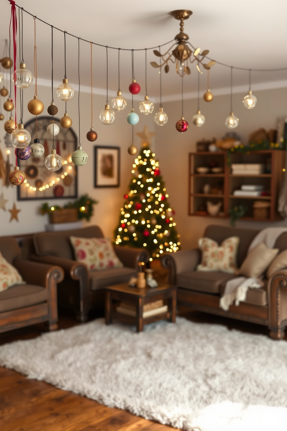 A cozy living room adorned with sheer white curtains that gently filter the soft winter light. Twinkling fairy lights are delicately draped around the window frame, creating a warm and inviting atmosphere for the holiday season.