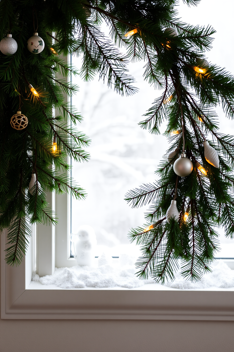 A cozy window sill adorned with fresh pine branches creates a festive atmosphere. The natural greenery contrasts beautifully with the soft white snow outside, enhancing the holiday spirit. Delicate ornaments and twinkling lights can be intertwined with the pine for added charm. This simple yet elegant Christmas decoration idea brings warmth and cheer to any room.